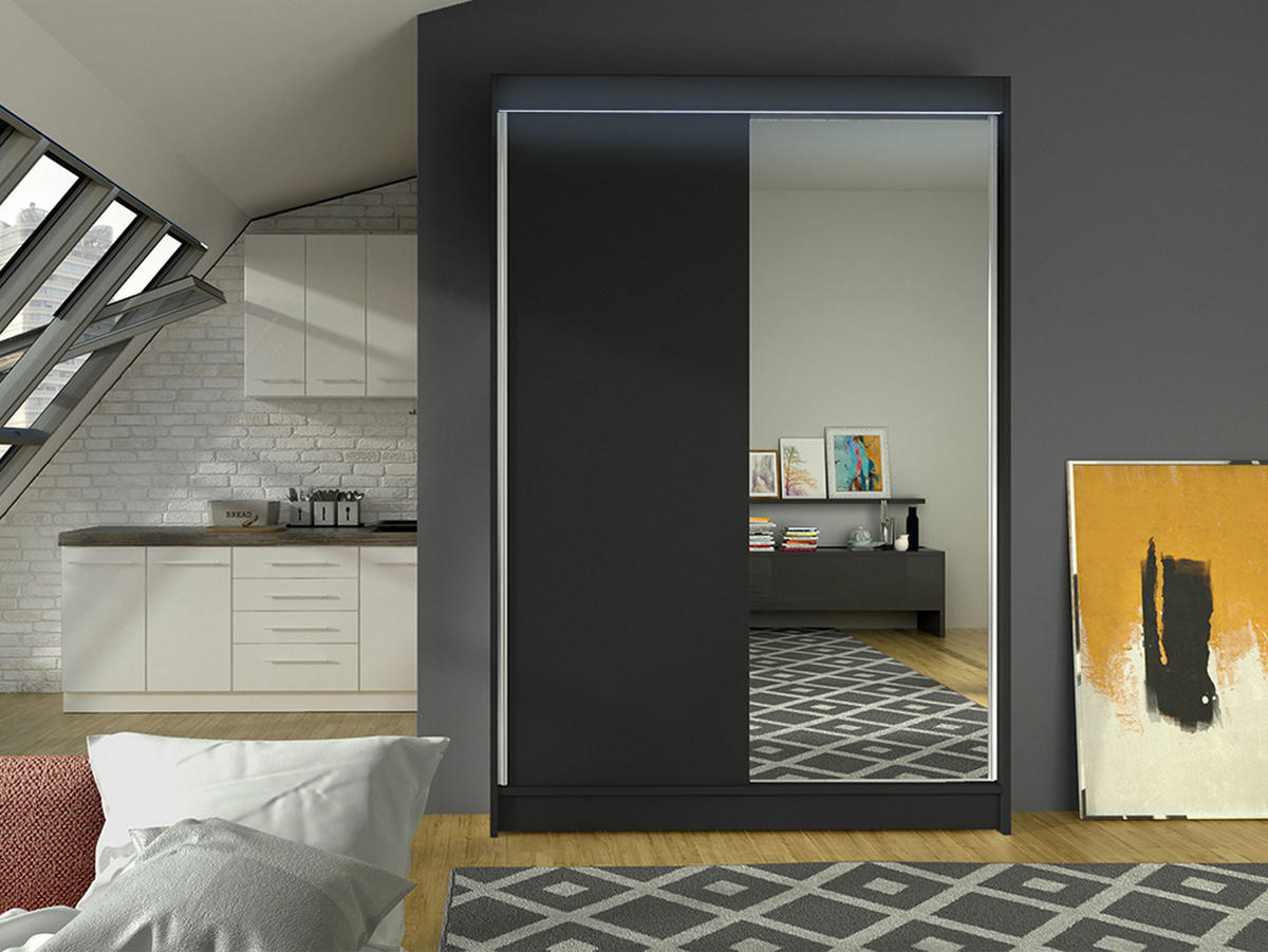 SCHWEBETÜRENSCHRANK Lino I mit RGB LED Beleuchtung - Schwarz, Holzwerkstoff/Metall (120/200/58cm) - MIRJAN24