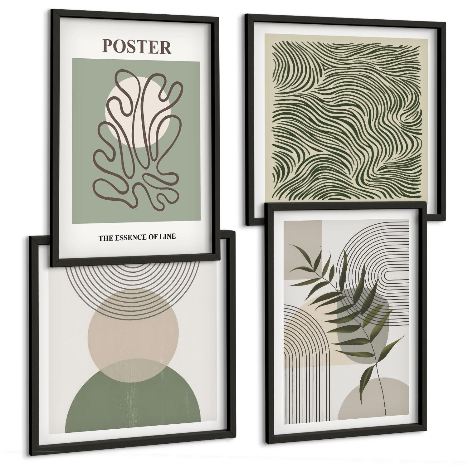 BILDER SET 4er Set - 50x50 cm & 40x60 cm Schwarzer Rahmen - Geometrische botanische Muster - Schwarz, Kunststoff (50/50cm) - TULUP