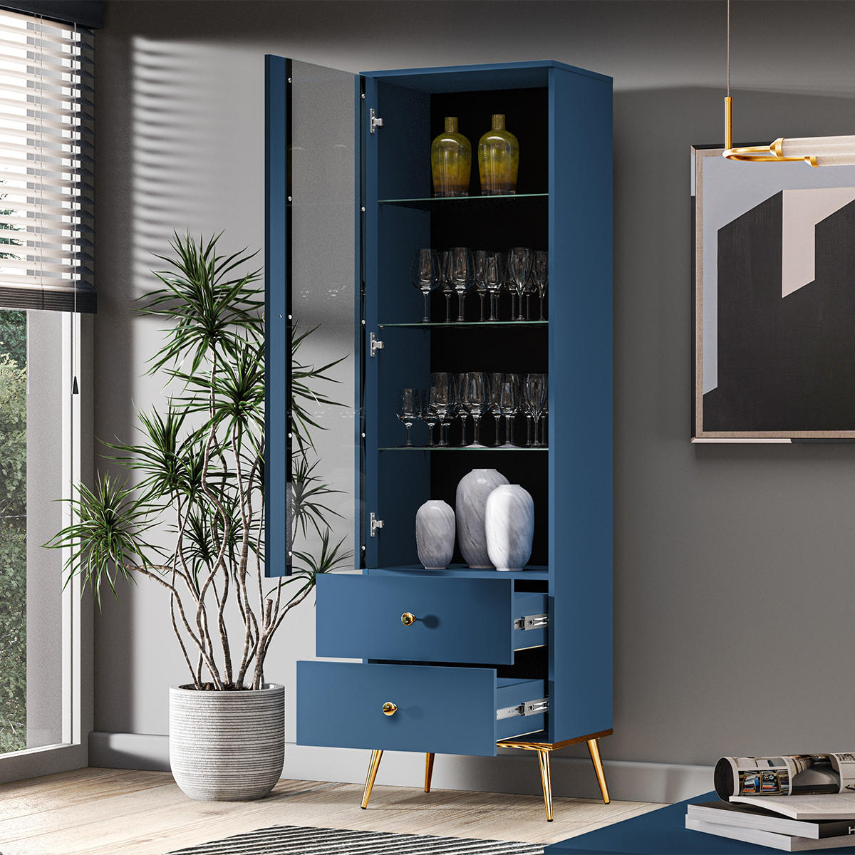 VITRÍNA Thalia Modrá - modrá, kompozitní dřevo (55/190/40cm) - Petits-meubles