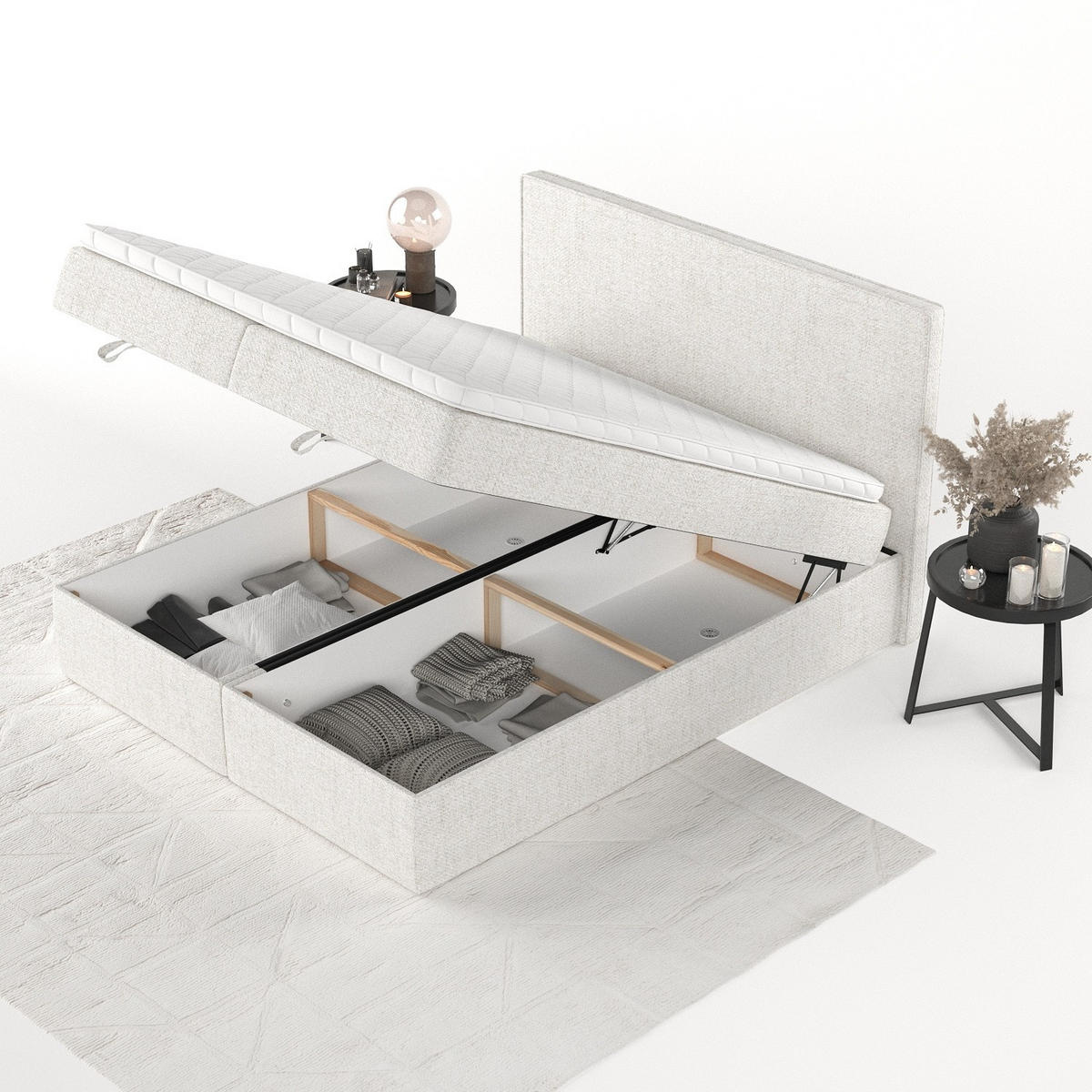 BOXBETT Velma 140/200 cm Creme im Neve Stoff - Creme/Schwarz, Holz/Holzwerkstoff (140/200cm) - AltaBeds