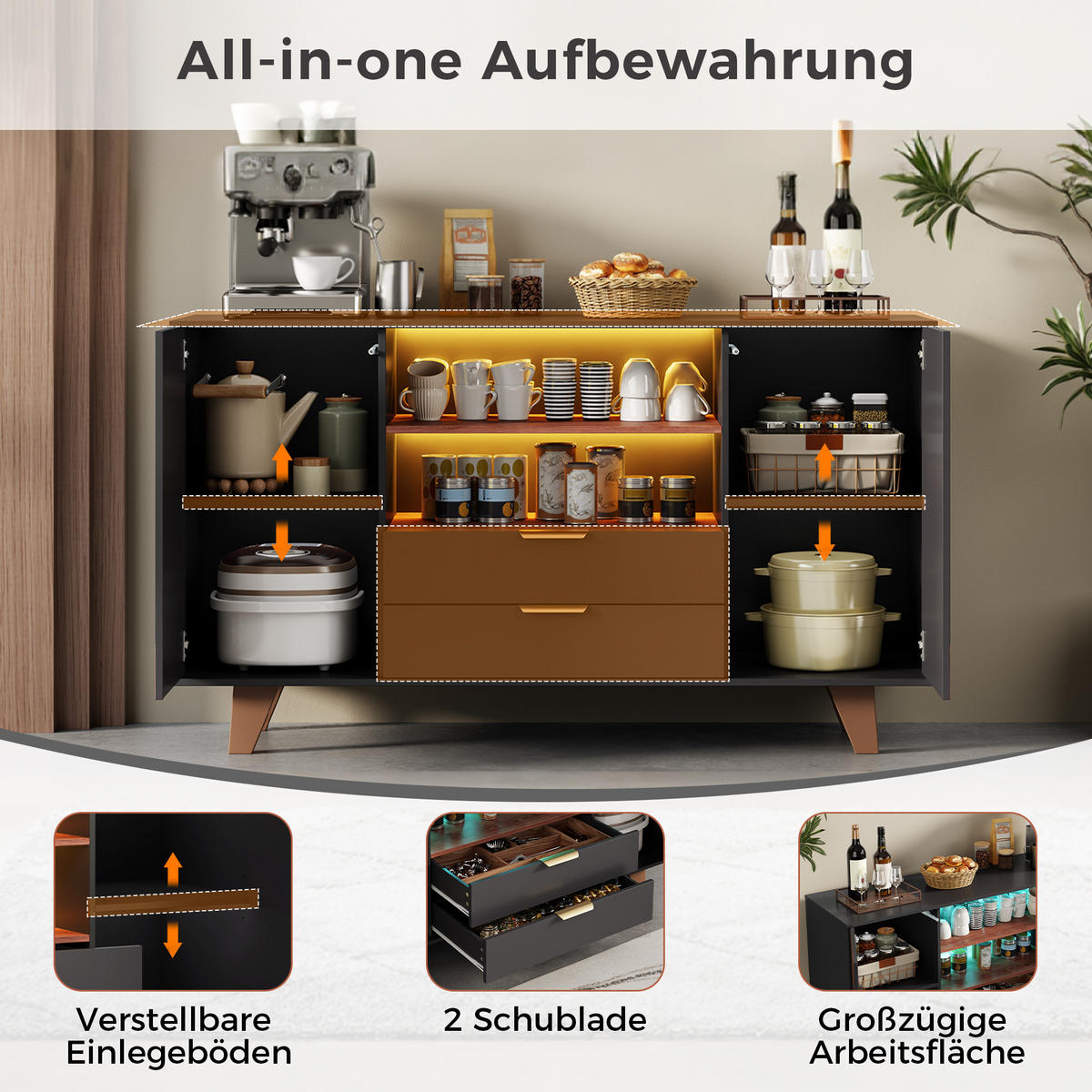 SIDEBOARD DE-38759 150/40/90 cm LED-Beleuchtung und 2 Schubladen Weiß - Schwarz, Holzwerkstoff (150/90/40cm) - ComfortXL