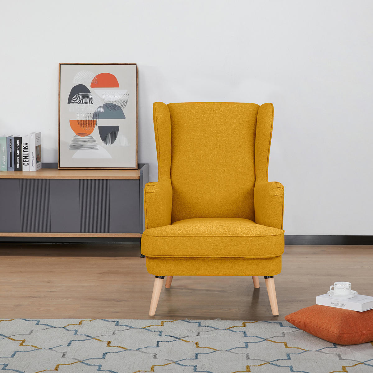 OHRENSESSEL - Beige/Gelb, Birkenholz/Textil (73/107/96cm) - home24