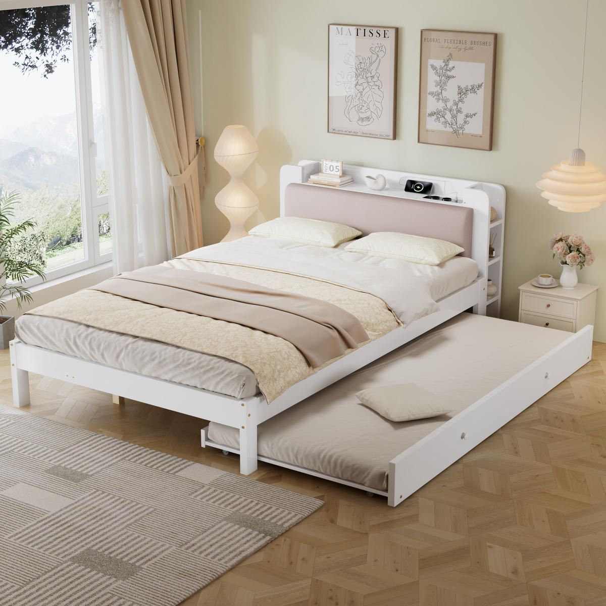 BETT 120/200 cm in Weiß mit Ausziehbett, gepolstertem Kopfteil, Kopfteilregal und Ladestation - Beige/Weiß, Holzwerkstoff (120/200cm) - STILVORA