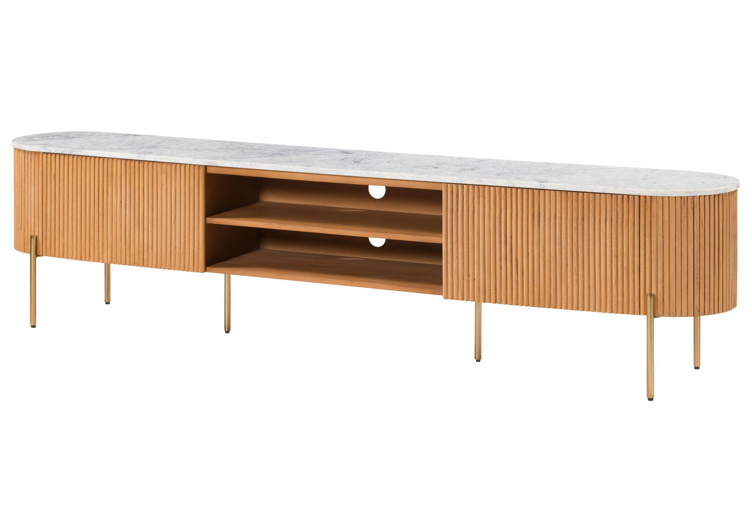 TV-BOARD Mango 220x36x51 natur lackiert / Marmor weiß BARCELONA #512 - Naturfarben, Holz (220/51/36cm) - Massivmoebel24