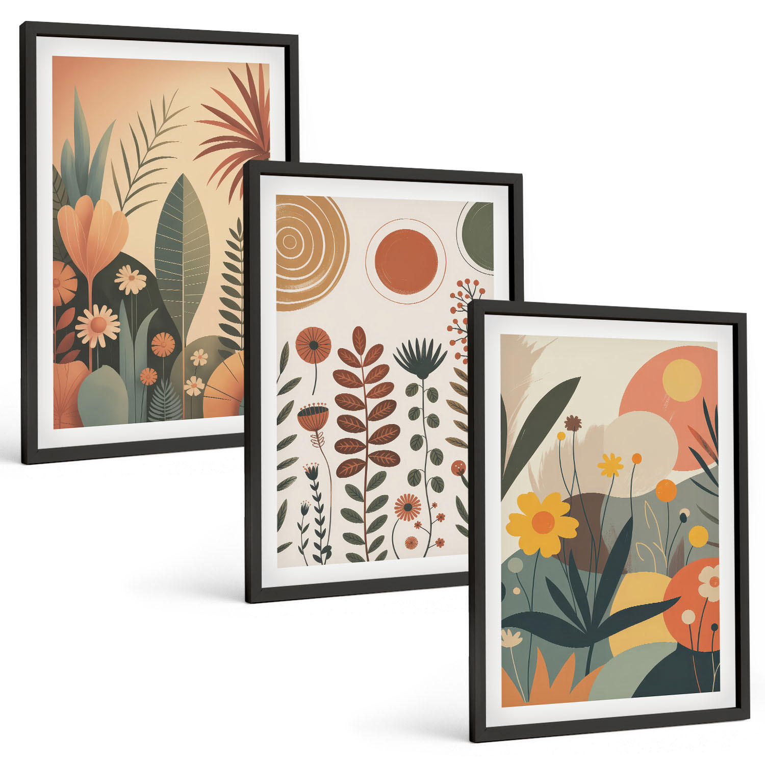 BILDER SET 3er Set - 40x60 cm Schwarzer Rahmen - Boho-Pflanzenmuster Natur - Schwarz, Kunststoff (40/60cm) - TULUP