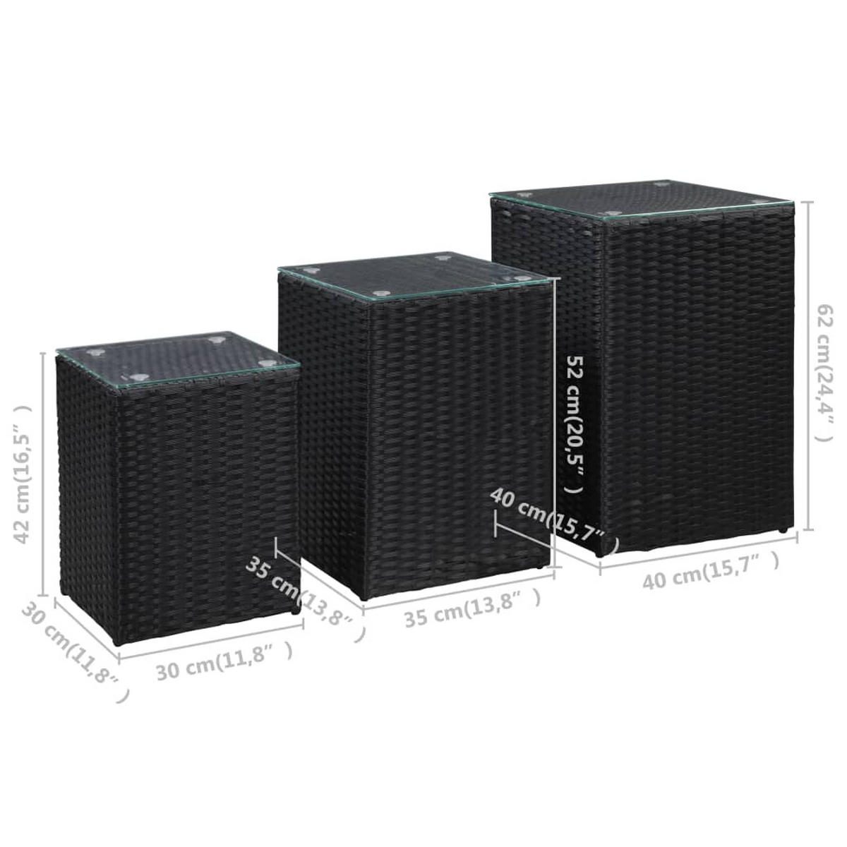 BEISTELLTISCHE 3er set Mit Glasplatte Schwarz Poly Rattan - Schwarz, Kunststoff/Metall (40/40/62cm) - vidaXL