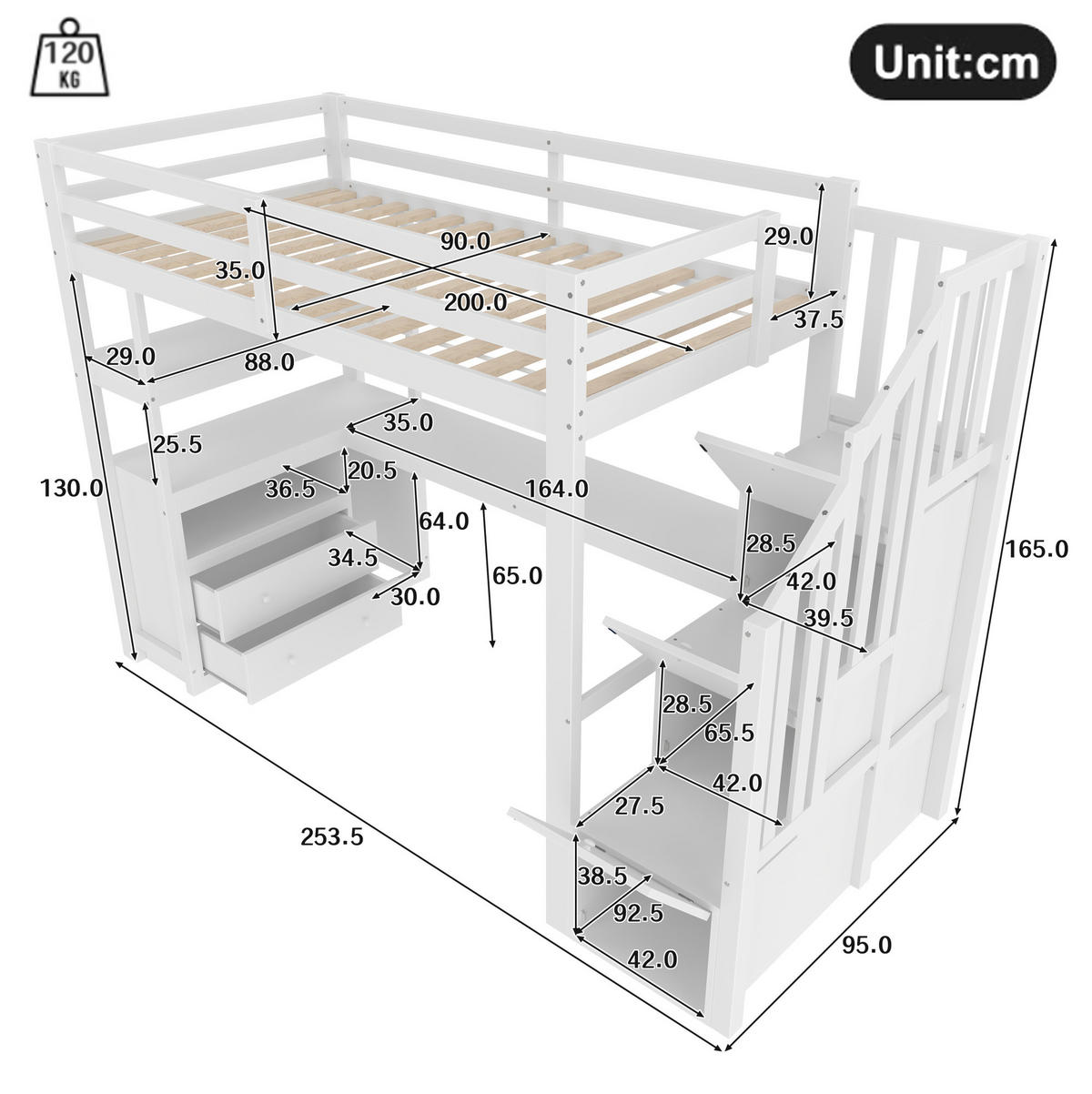 HOCHBETT mit Schreibtisch 90/200 cm in Weiß – mit Stauraumtreppe und Schubladen - Weiß, Holz (90/200cm) - BEAOK