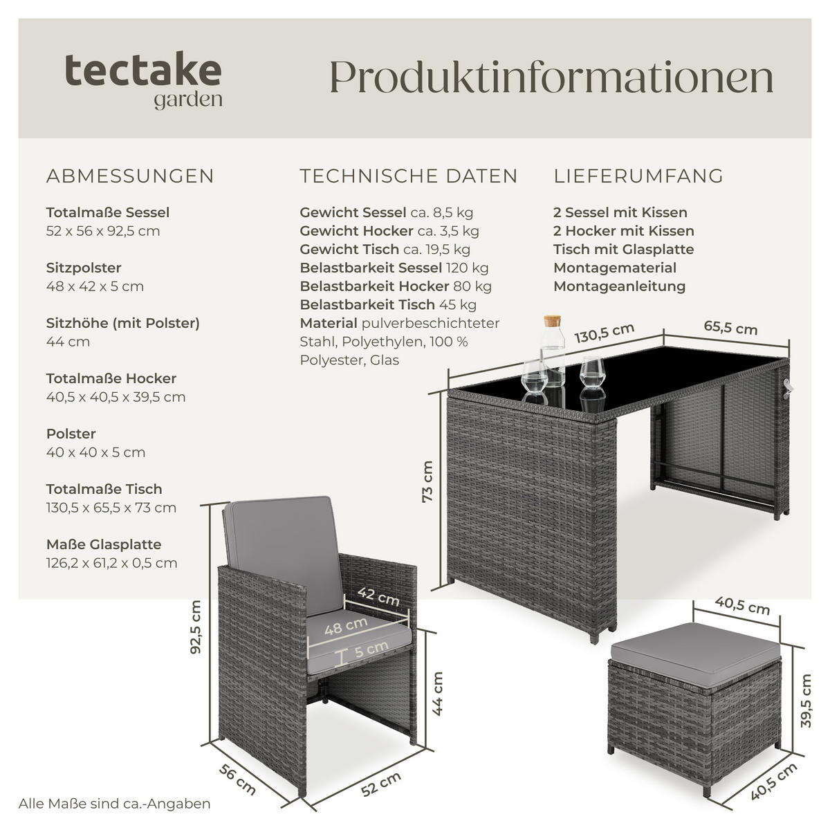 RATTAN SITZGRUPPE Palermo,inklusive Flaschenöffner, zusammenschiebbar,grau - Grau, Kunststoff - tectake