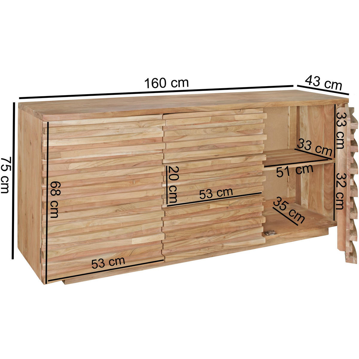 SIDEBOARD – Akazie Massivholz, 160x75x43 cm, mit Baumkante, Landhausstil - Braun, Akazienholz/Holz (160/75/43cm) - KADIMA DESIGN