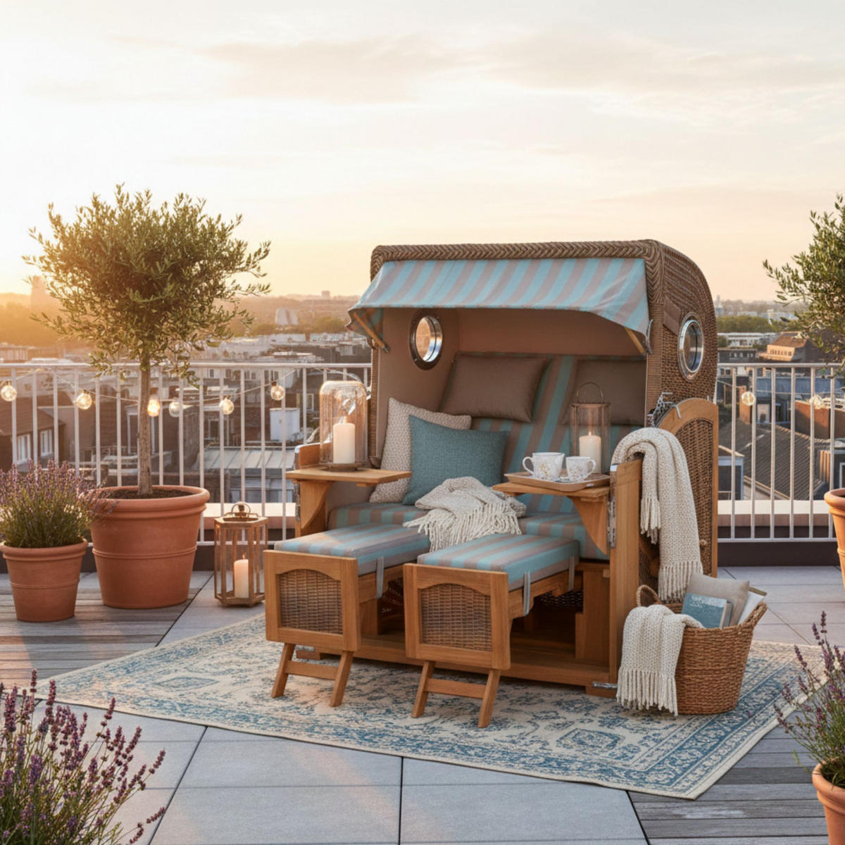 STRANDKORB XXL Düne Grande Teak Banana - Blaugrau/Braun, Metall (142/170/95cm) - Mr. Deko