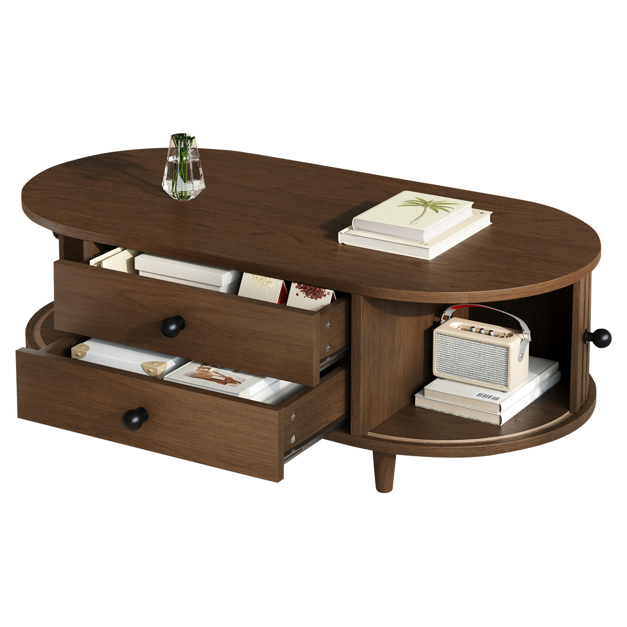 COUCHTISCH in Holzoptik Runder Kaffeetisch mit Rolltüren und Schubladen, Massivholzbeinen, 100/50/36 cm - Dunkelbraun, Holzwerkstoff (50/100/36cm) - STILVORA