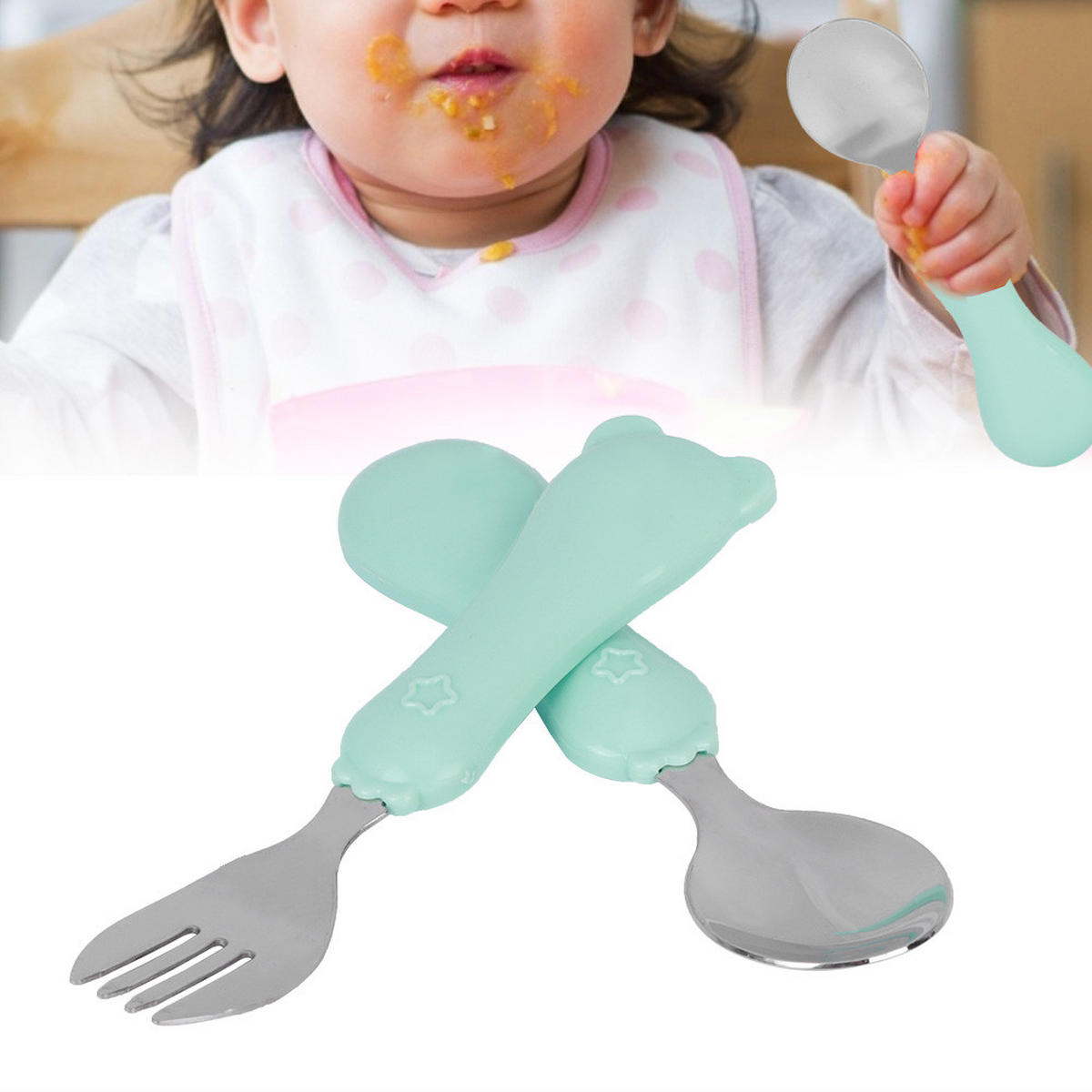 BESTECK-SET 2-teiliges Baby-Besteck-Set - Grün, Metall