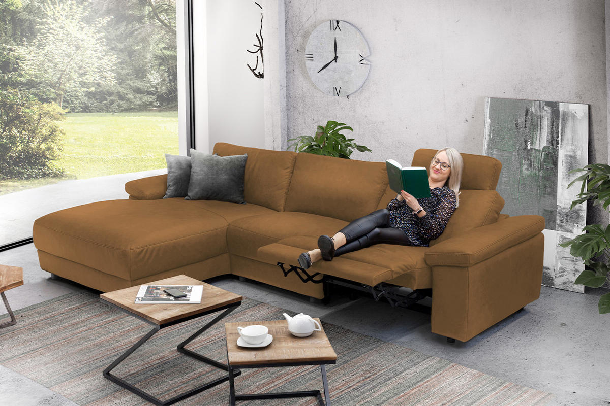 ECKSOFA XL MOTOR. RELAXFUNKTION LOLA Orange Webstoff - Schwarz/Orange, Textil (304/178cm) - KAWOLA