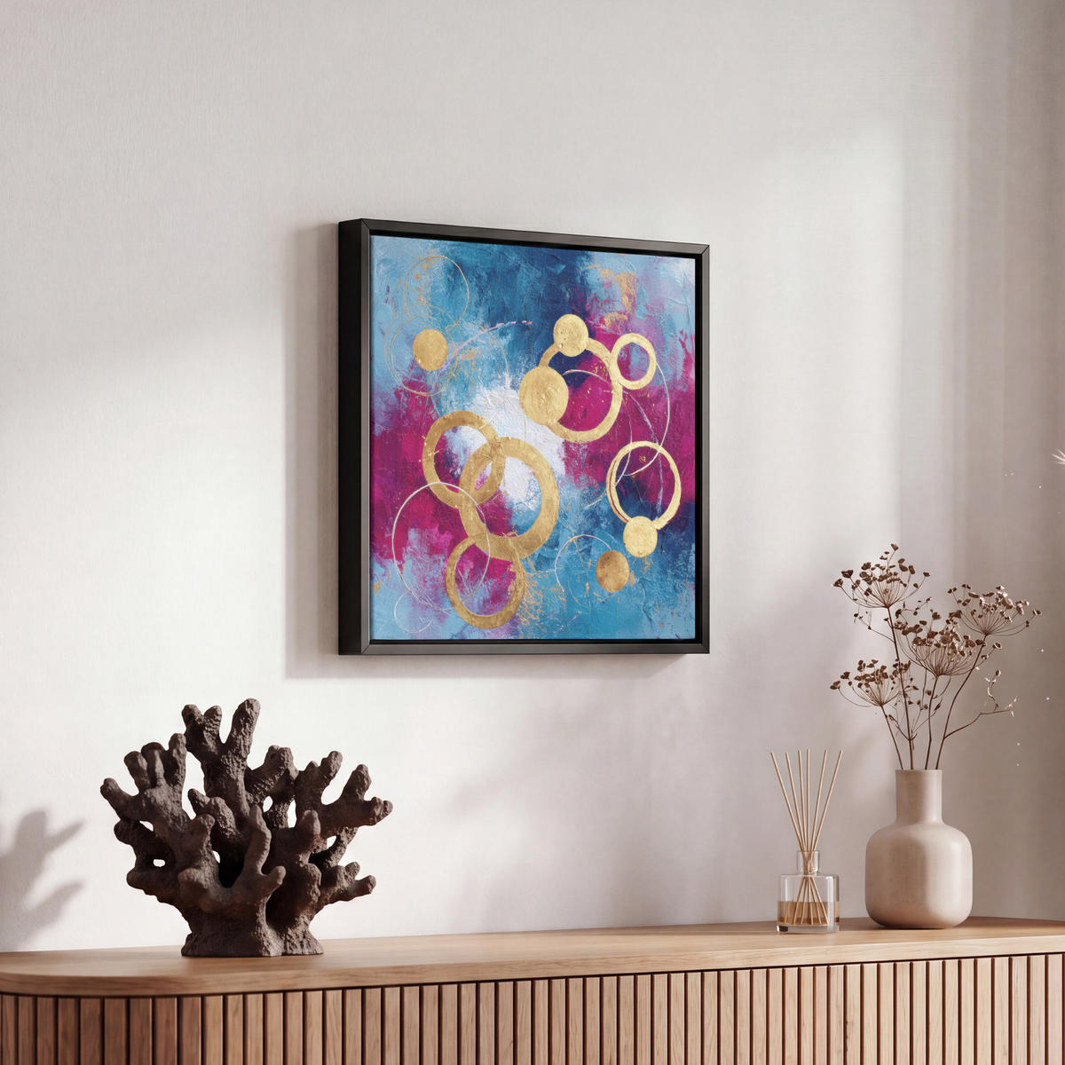 LEINWAND Bilder mit Rahmen - Kreise - Gold - Abstrakt - 20x20 - Blau, Textil (20/20cm) - MuchoWow