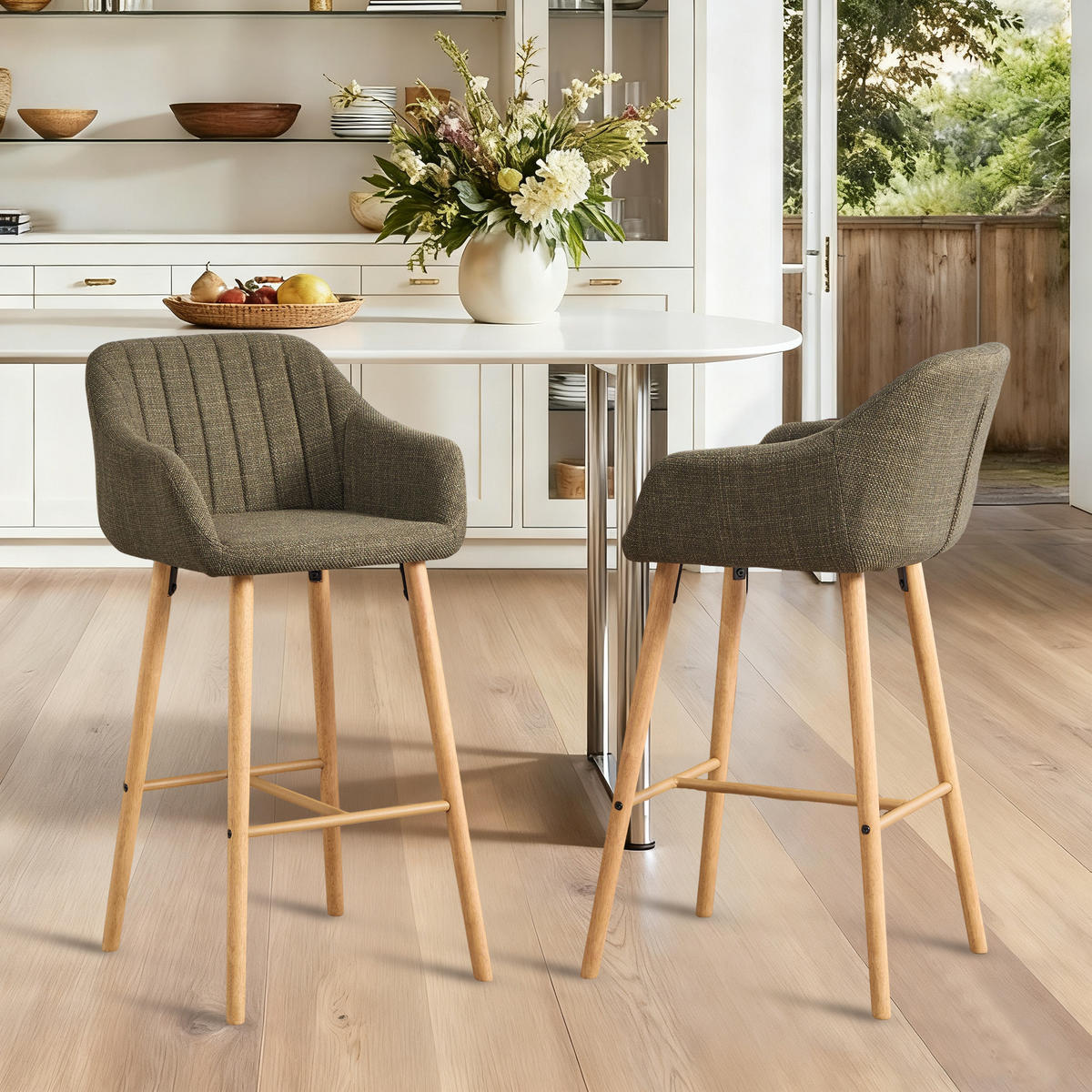 BARHOCKER 2er-Set mit Leinenbezug und Holzbeinen, Grün - Grün, Textil (58.5/104/55cm)