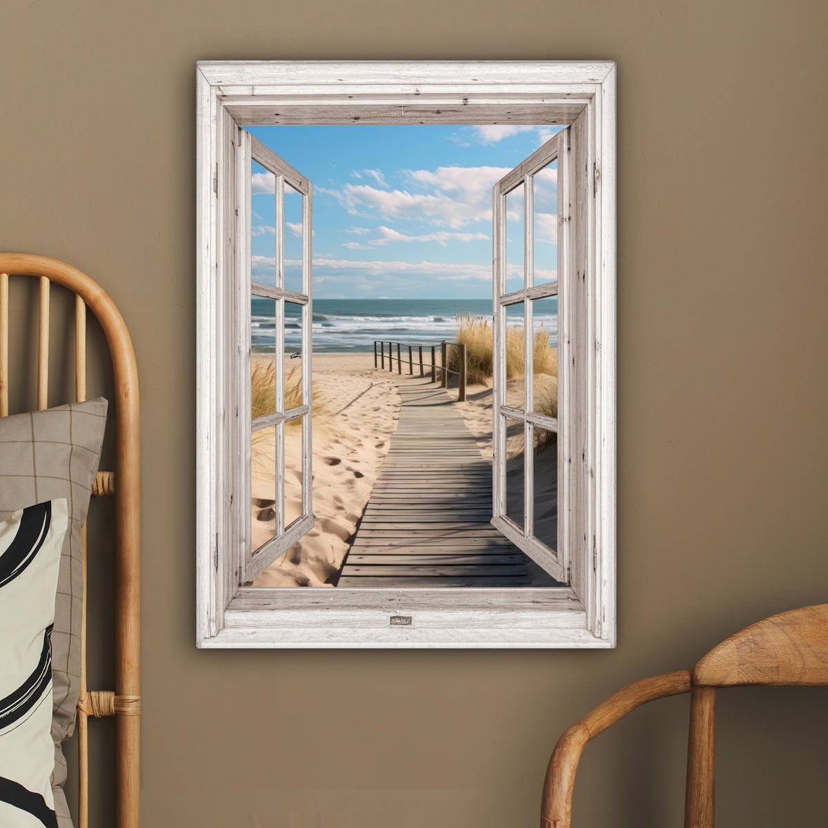 LEINWANDBILD Fenster - Meer - Küste - Natur - Ausblick - Strand - Wattenmeer 60x80 cm - Beige, Textil (60/80cm) - MuchoWow