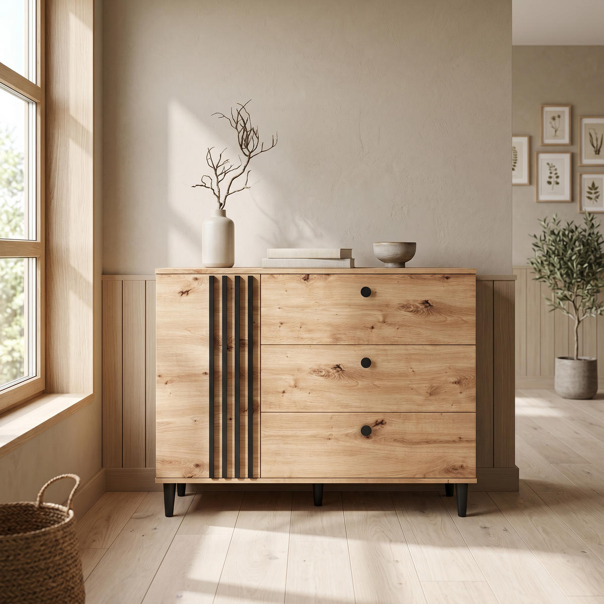 KOMMODE ARTIANO 120/92,5/40cm mit 3 Schubladen 1 Türen Eiche Artisan - Eiche Artisan, Holzwerkstoff (120/92.5/40cm) - MASSENO