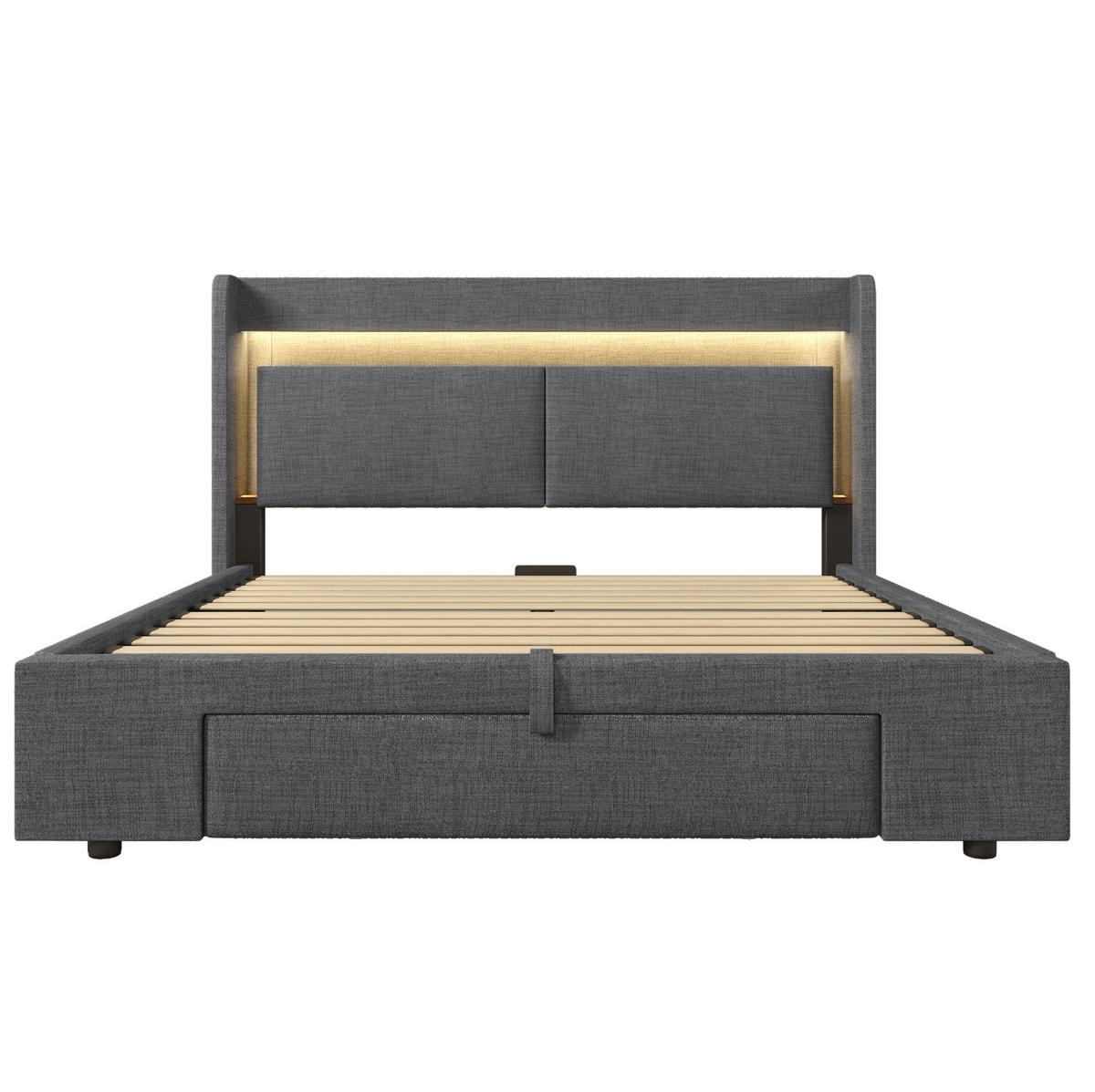 POLSTERBETT aus Leinen 160x200 cm Grau mit Matratze, hydraulischem Stauraum, LED und USB-C - Grau, Textil (160/200cm) - IVMEU