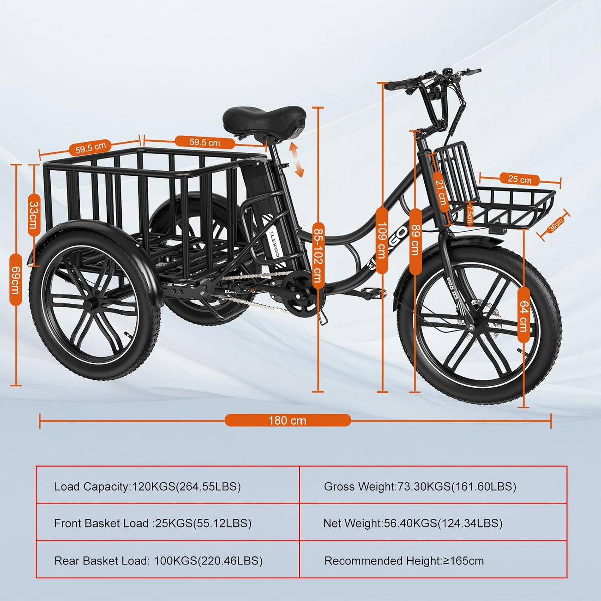E-BIKE EGO 03S 48V 18Ah großer Front und Heckkorb, max. Zuladung 125 kg - Schwarz, Metall (66cm) - ELEKGO