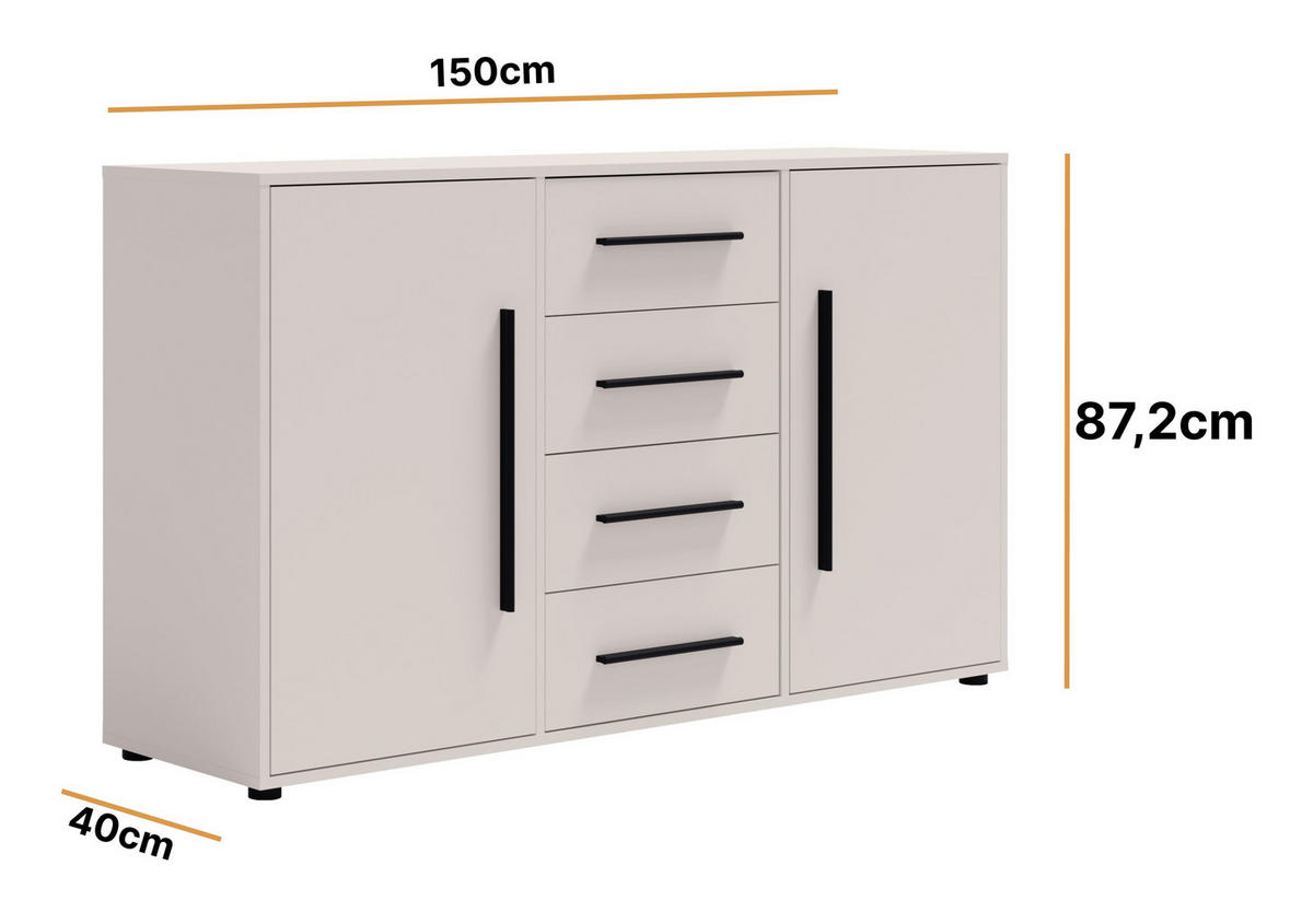 KOMMODE Modena K2D4SZ 150 cm in Kaschmirfarbe mit Türen und Schubladen - Kaschmir/Schwarz, Holzwerkstoff/Kunststoff (150/87/40cm)