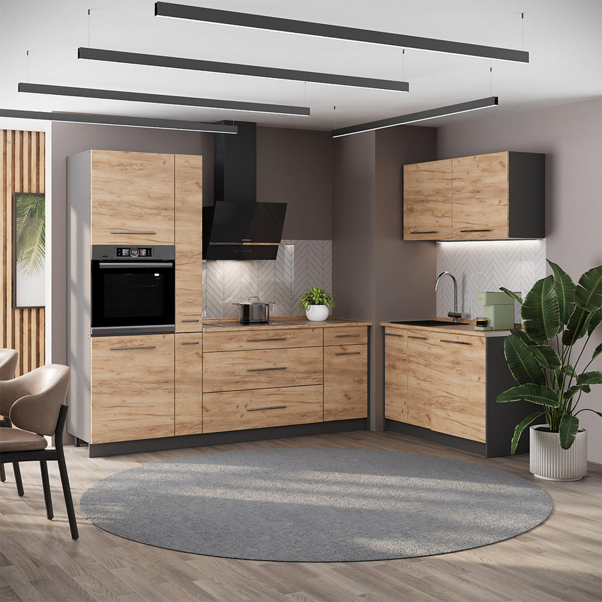 KÜCHENZEILE Fame-Line, Goldkraft Eiche/Anthrazit, 220 x 120 cm, AP Eiche - Honigeiche/Anthrazit, Holzwerkstoff (220/206.8/60cm) - Vicco