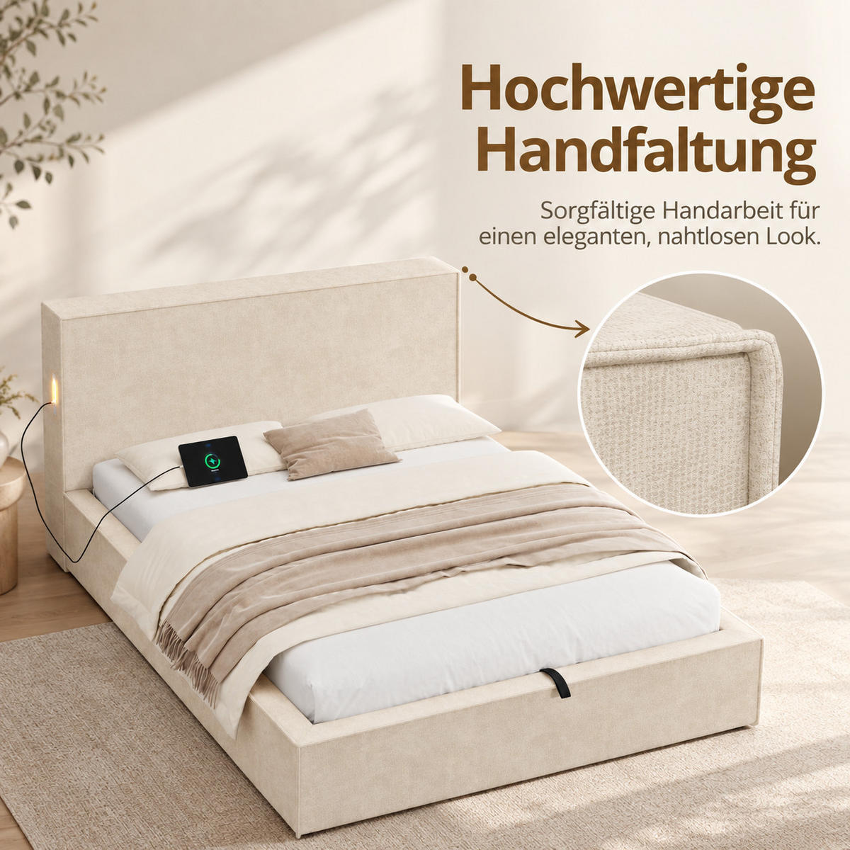 POLSTERBETT 120 x 200cm, Beige, Chenille, Stauraum - Beige, Textil (120/200cm) - FLIEKS