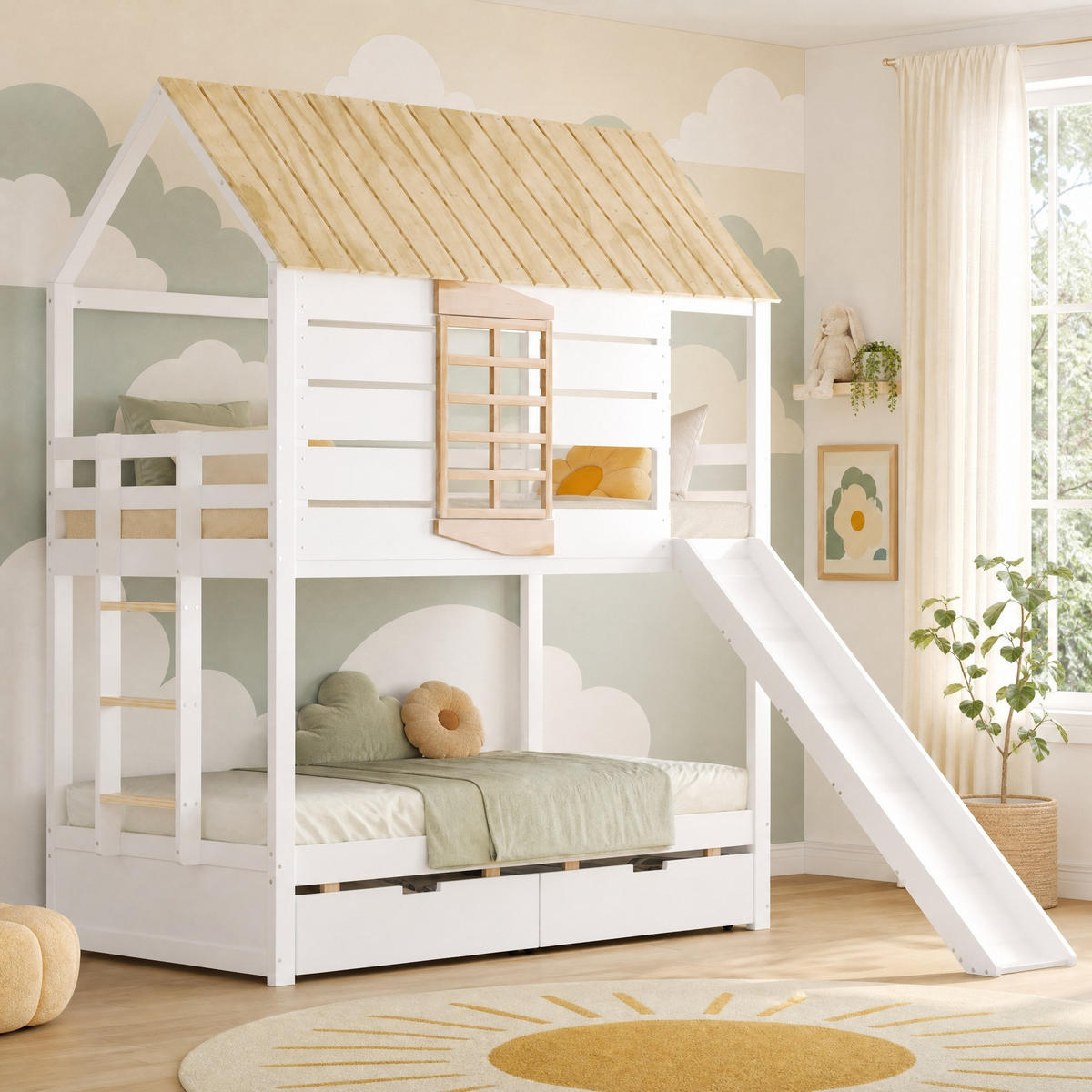 ETAGENBETT 90/200 mit Rutsche, Schubladen und Hausdesign in Weiß und Natur - Weiß/Naturfarben, Holzwerkstoff (90/200cm) - EVRYAE
