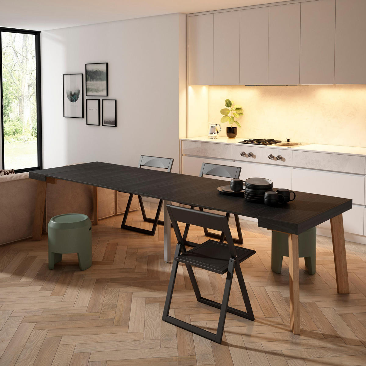 KONSOLENTISCH ausziehbar 58 bis 302cm, für 14 Gäste, schwarz, 90/58/73cm - Schwarz, Holzwerkstoff (90/302/73cm) - Skraut Home