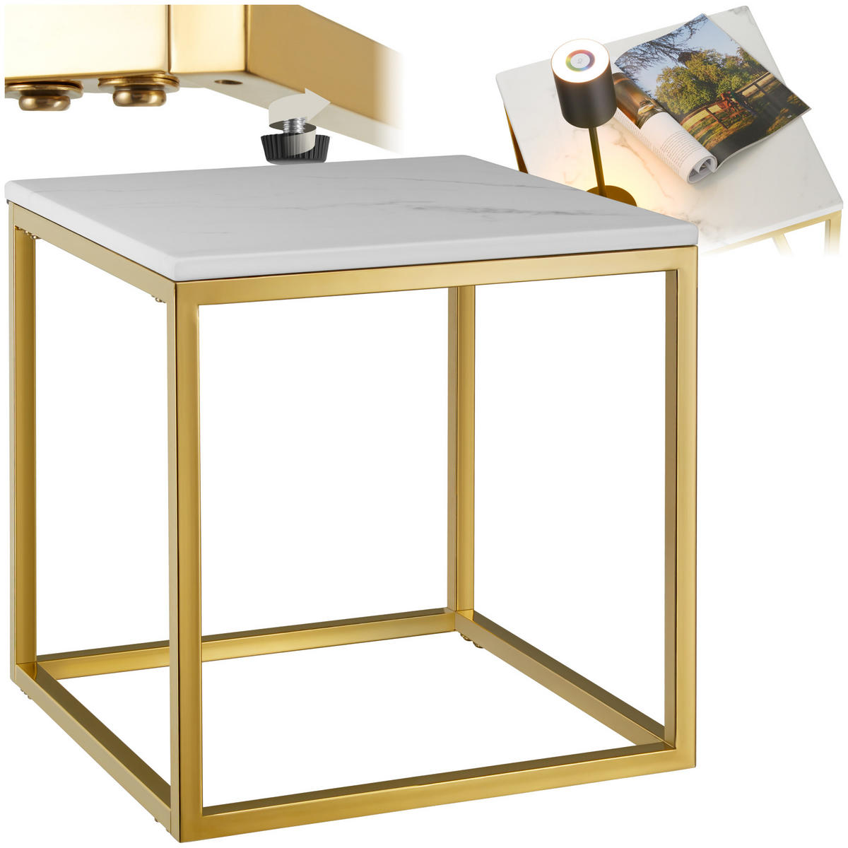 MARMOR-BEISTELLTISCH Alysia,mit höhenverstellbaren Kunststofffüßen,gold/weiß - Goldfarben/Weiß, Stein (45/45/47.5cm) - tectake