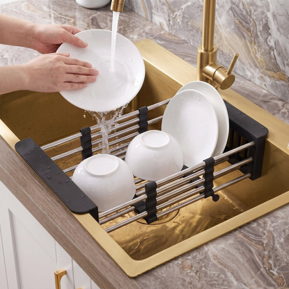 STAHLSPÜLE Mit 3-teiligem Zubehörset Rea Liam Brush Gold - Goldfarben, Metall (45/18.5/58cm) - REA