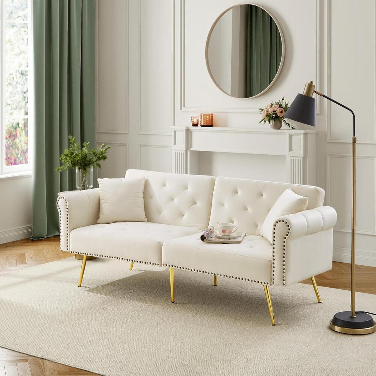 SOFA 2-Sitzer Schlaffunktion Samtbezug 3-Stufen Lehne Metallfüße Kleinraum - Beige, Holz (89.54/19.81/76.84cm) - FLIEKS