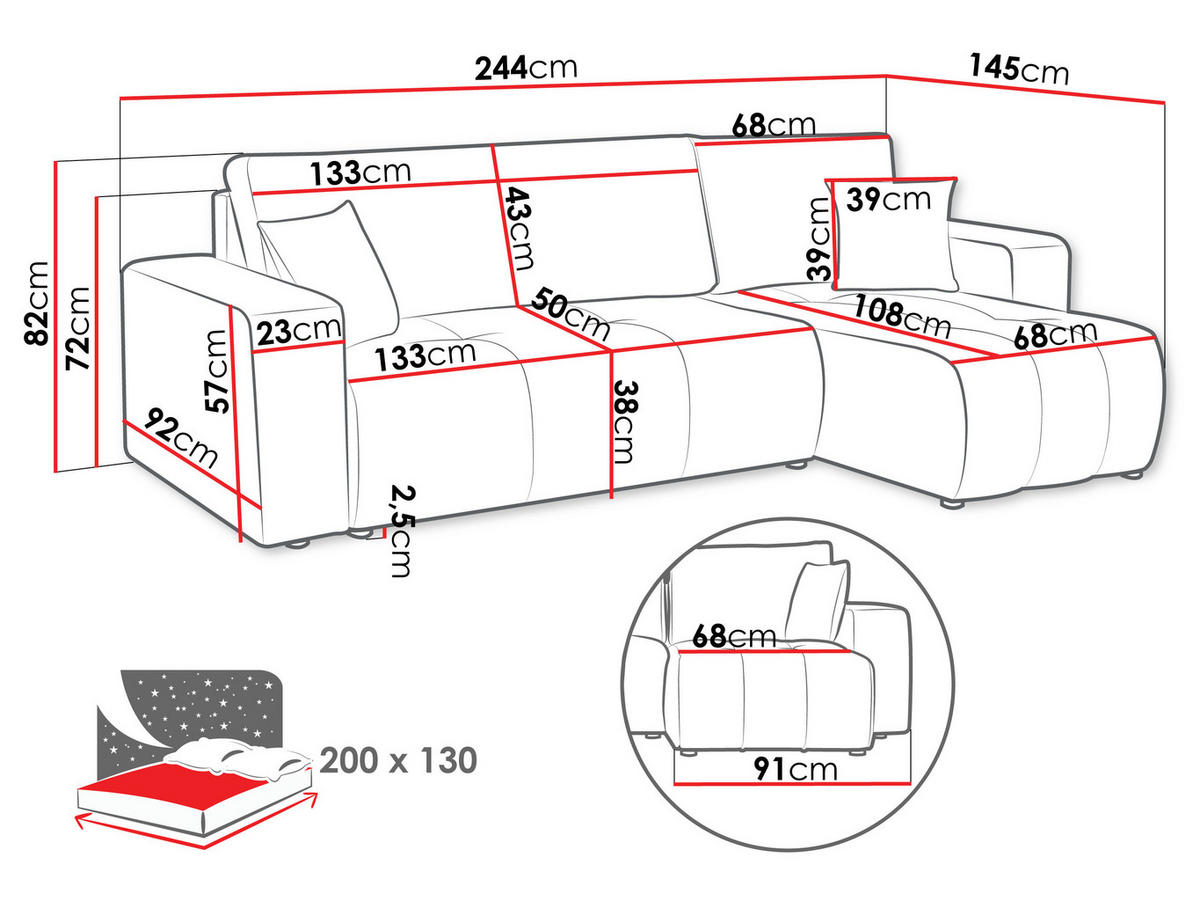 ECKSOFA Furyn Boucle - Schwarz/Braun, Holzwerkstoff/Kunststoff (244/145cm) - MIRJAN24
