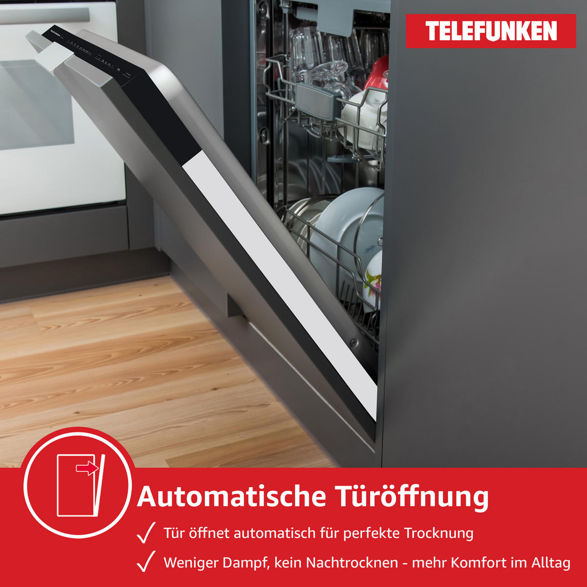 GESCHIRRSPÜLER, 60 cm vollintegrierbar, Einbau Spülmaschine, 12 Maßgedecke, 6 Programme, AquaStop, Startzeitvorwahl, Auto-Door, leise 45 dB, GEV6012D - Schwarz, Kunststoff/Metall (59.8/82/55cm) - Telefunken