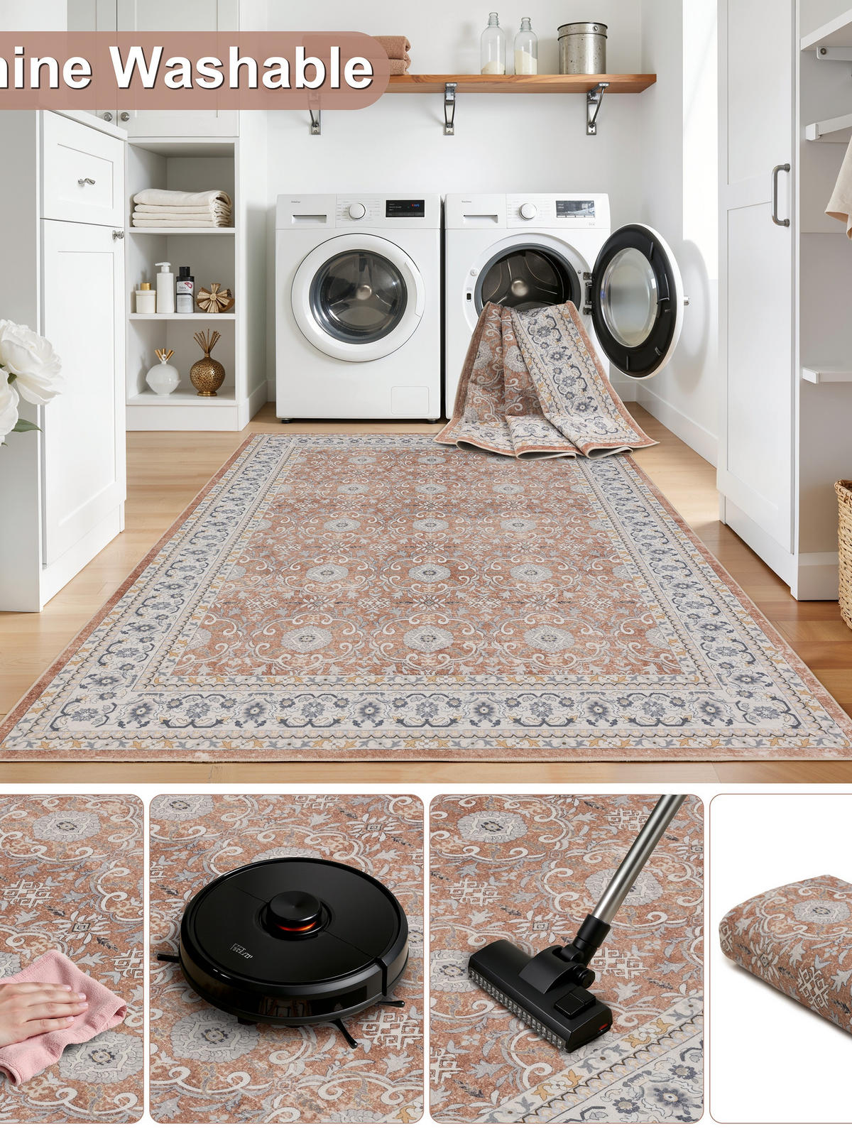 TEPPICH Kurzflor, waschbar, mit floralen Ornamenten, VERNANTE in Terrakotta-Creme, 140 x 200 cm - Rot, Textil (140/200cm) - KADIMA DESIGN