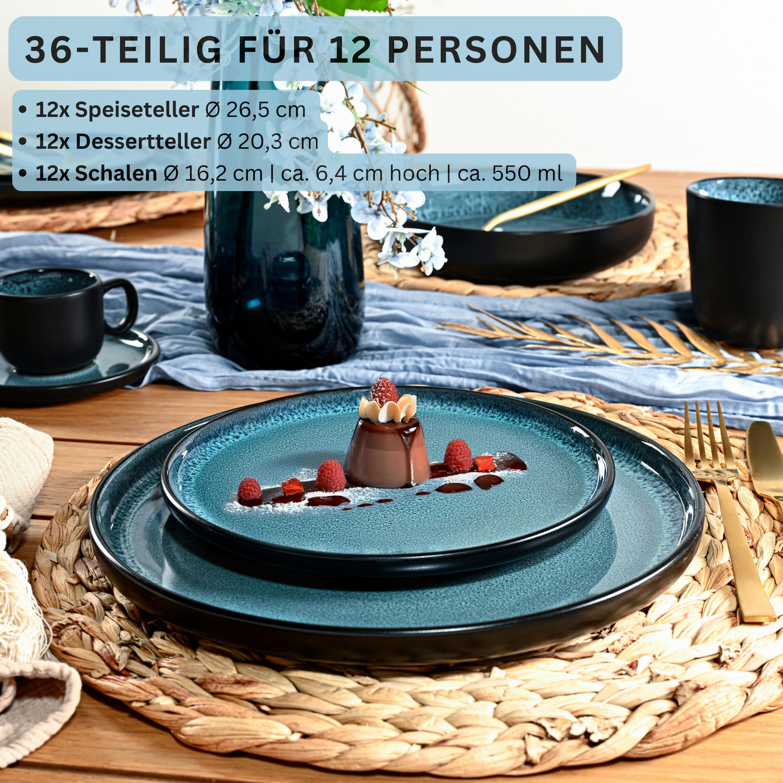 TAFELSERVICE VIGO - 36 teilig aus Steingut 12 Personen - Blau, Stein (50/30/80cm) - Sänger