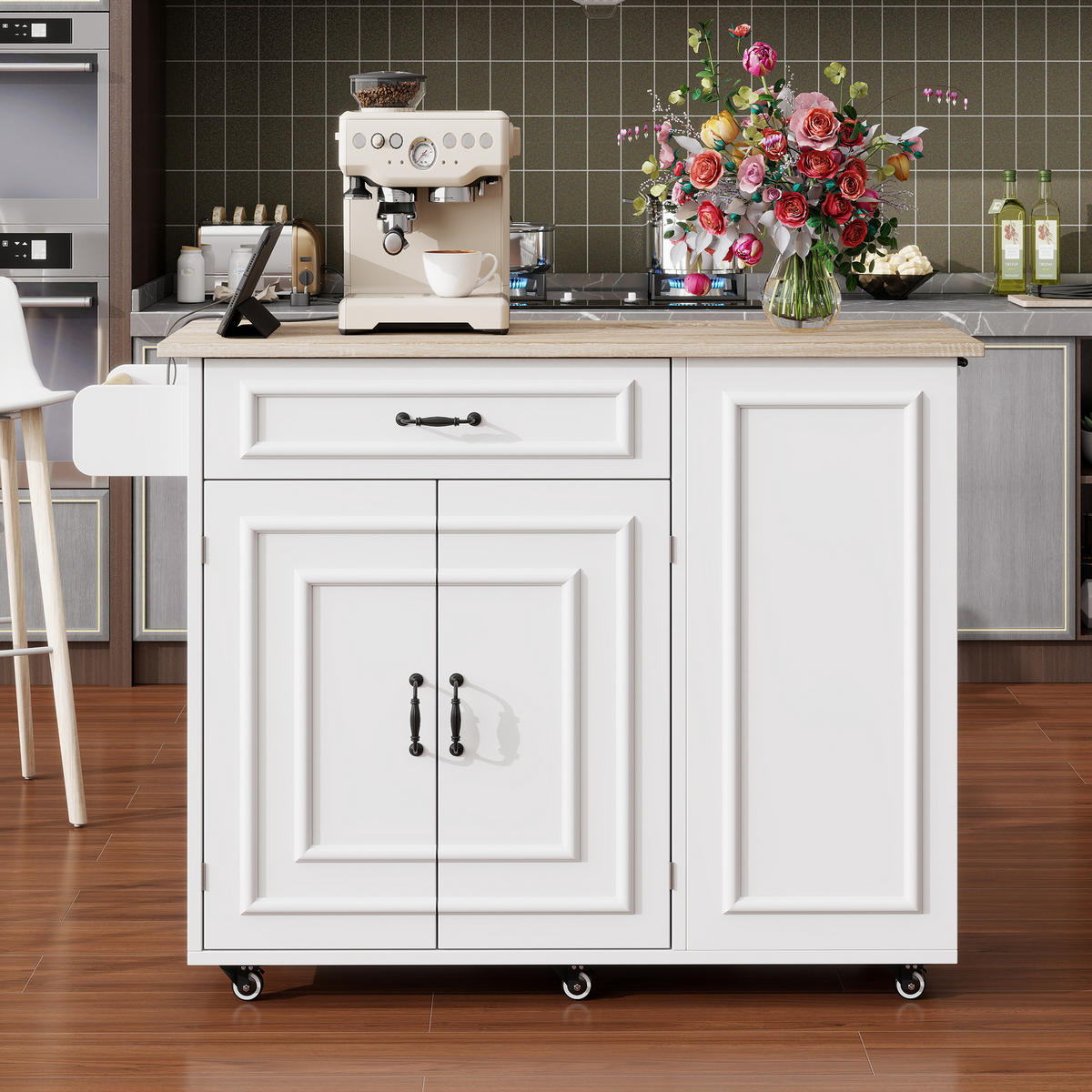 KÜCHENWAGEN 110x70x90cm Weiß mit Klappseiten, Steckdose, Schublade & Rollen - Weiß, Holzwerkstoff (110/90/70cm) - Modfu