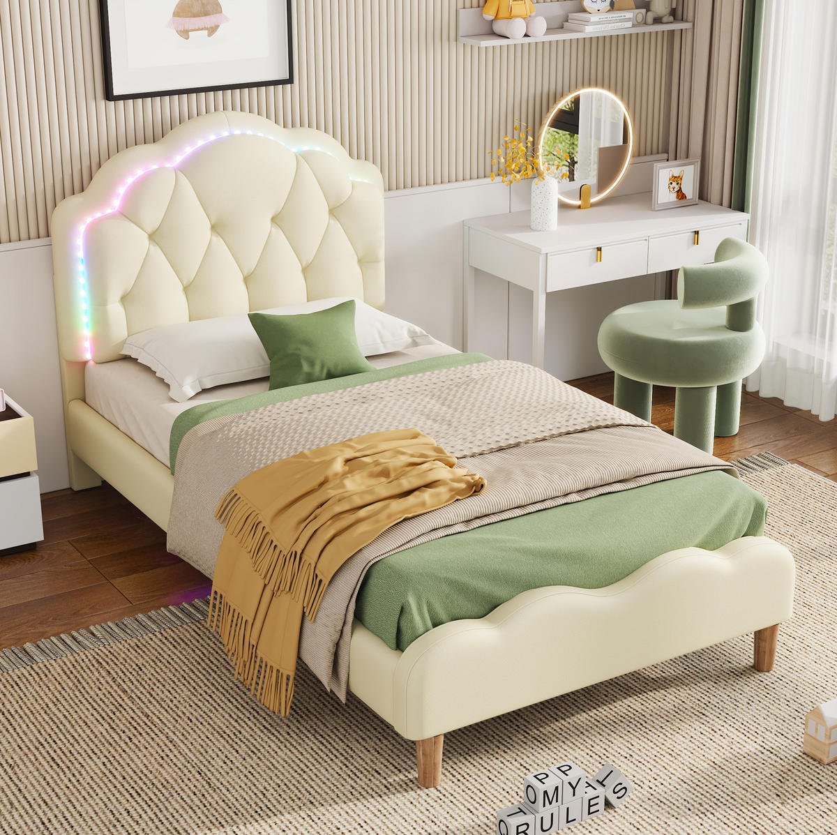 POLSTERBETT 90/200 cm Beige mit Wellenförmigem Kopfteil und LED-Beleuchtung - Beige, Kunststoff (90/200cm) - OKWISH
