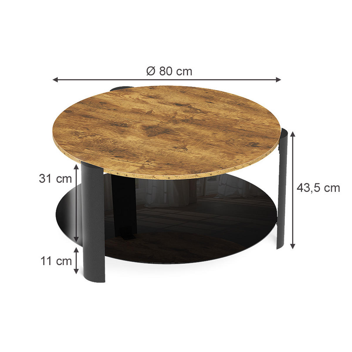COUCHTISCH Navo, Eiche rustikal/Schwarz, 80 x 80 cm - Wildeiche/Schwarz, Holzwerkstoff (80/80/43.5cm) - Vicco