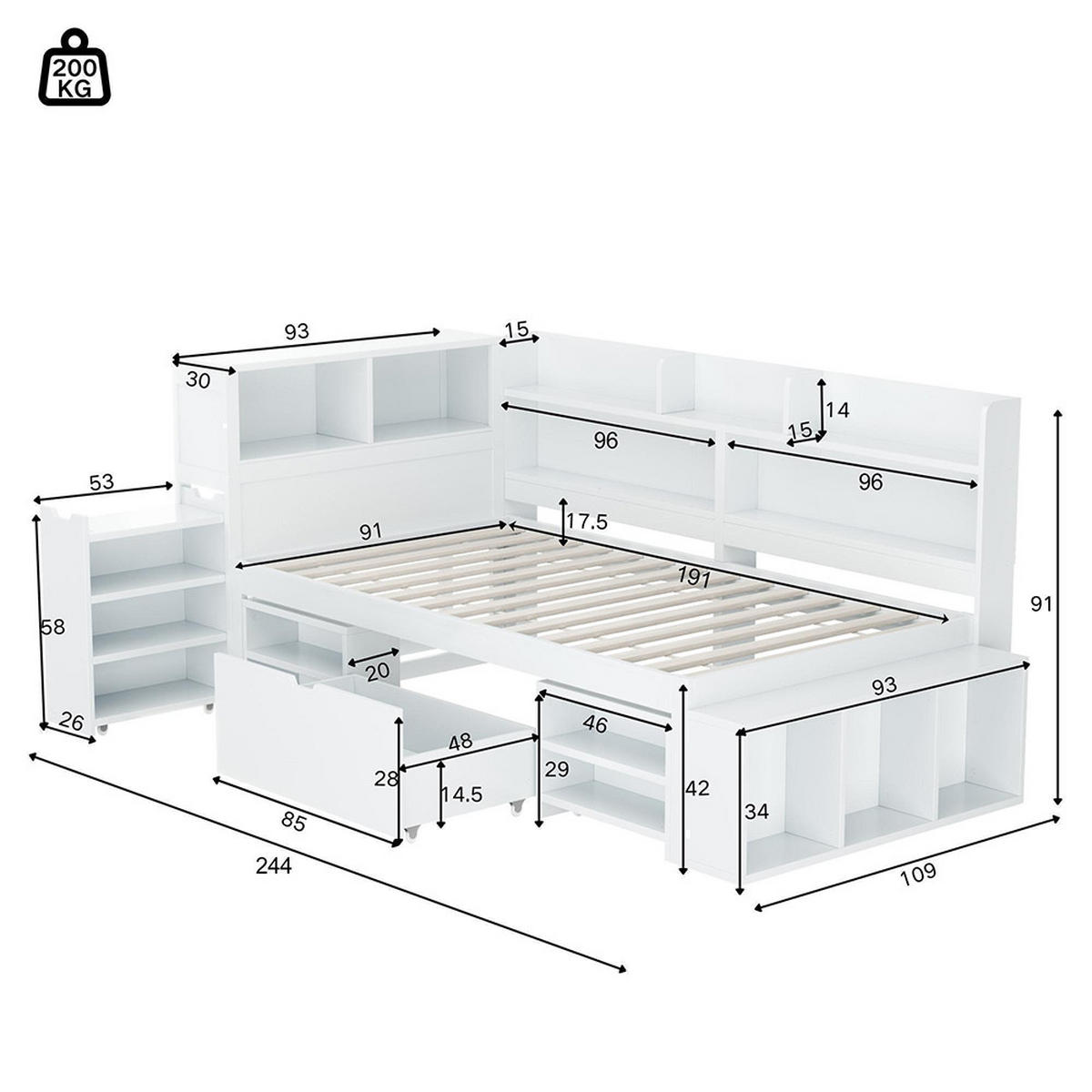 STAURAUMBETT 90 x 190 cm in weiß,Lattenrost inklusive - Weiß, Holz (90/190cm) - KOMHTOM