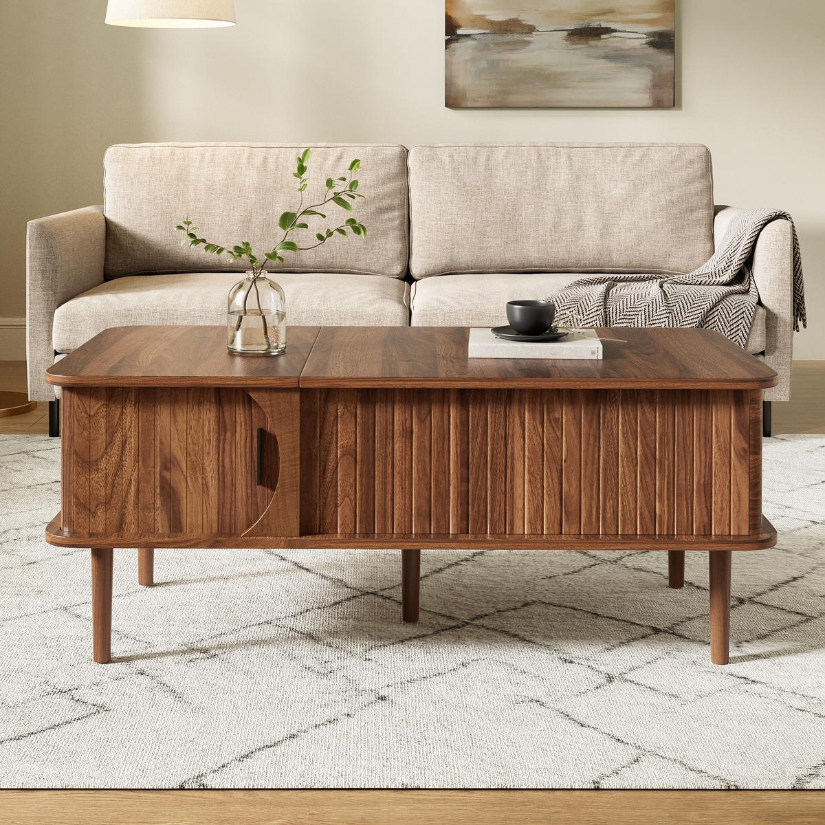 COUCHTISCH Retro Walnuss höhenverstellbar Rillen modern - Walnussfarben, Holzwerkstoff (100/48/55.5cm) - FLIEKS