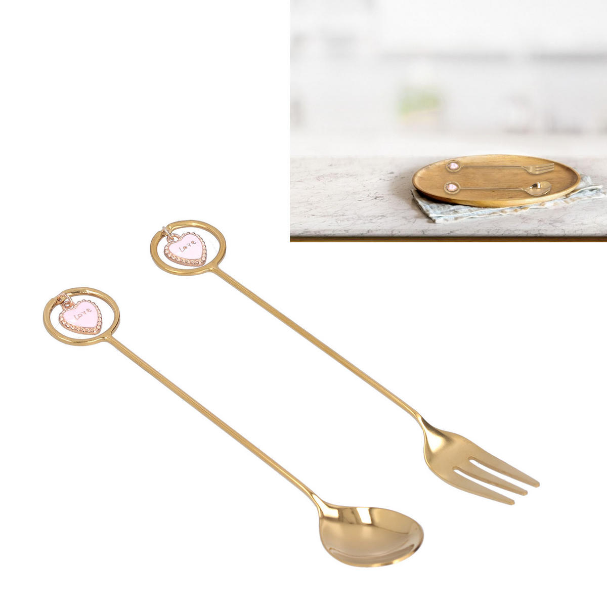 ANHÄNGER-BESTECK-SET 2-teiliges Löffel Gabel mit Aufbewahrungsbox - Goldfarben, Metall