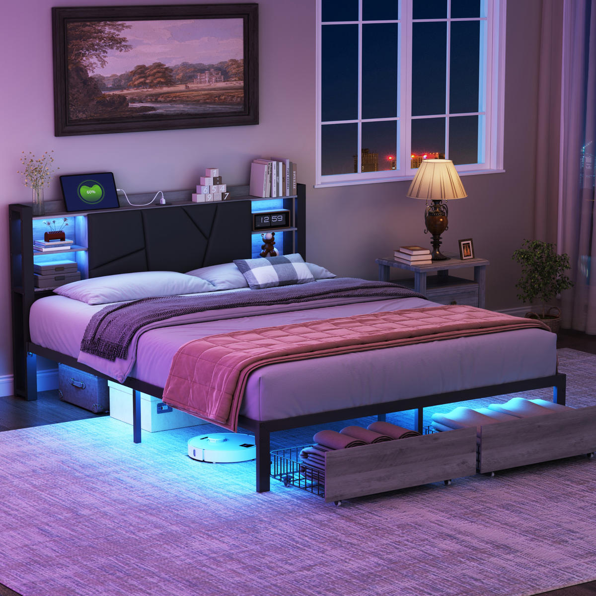 STAURAUMBETTEN 140 x 200 cm, mit LED-Beleuchtung und USB-Ladefunktion, 2 Schubladen, schwarz, PU - Schwarz, Holz (140/200cm) - WoodenAura