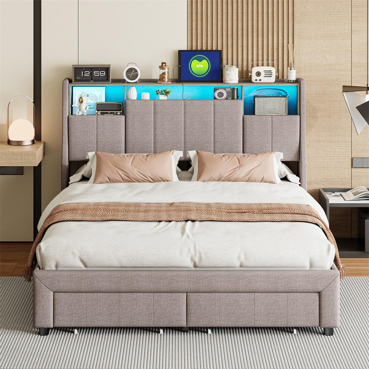 POLSTERBETT 160x200 cm mit LED-Ohrenkopfteil, Ablagefächern, Seitentaschen und 2 schubladen - ohne Matratze - Grau - Grau, Textil (160/200cm) - DELFA