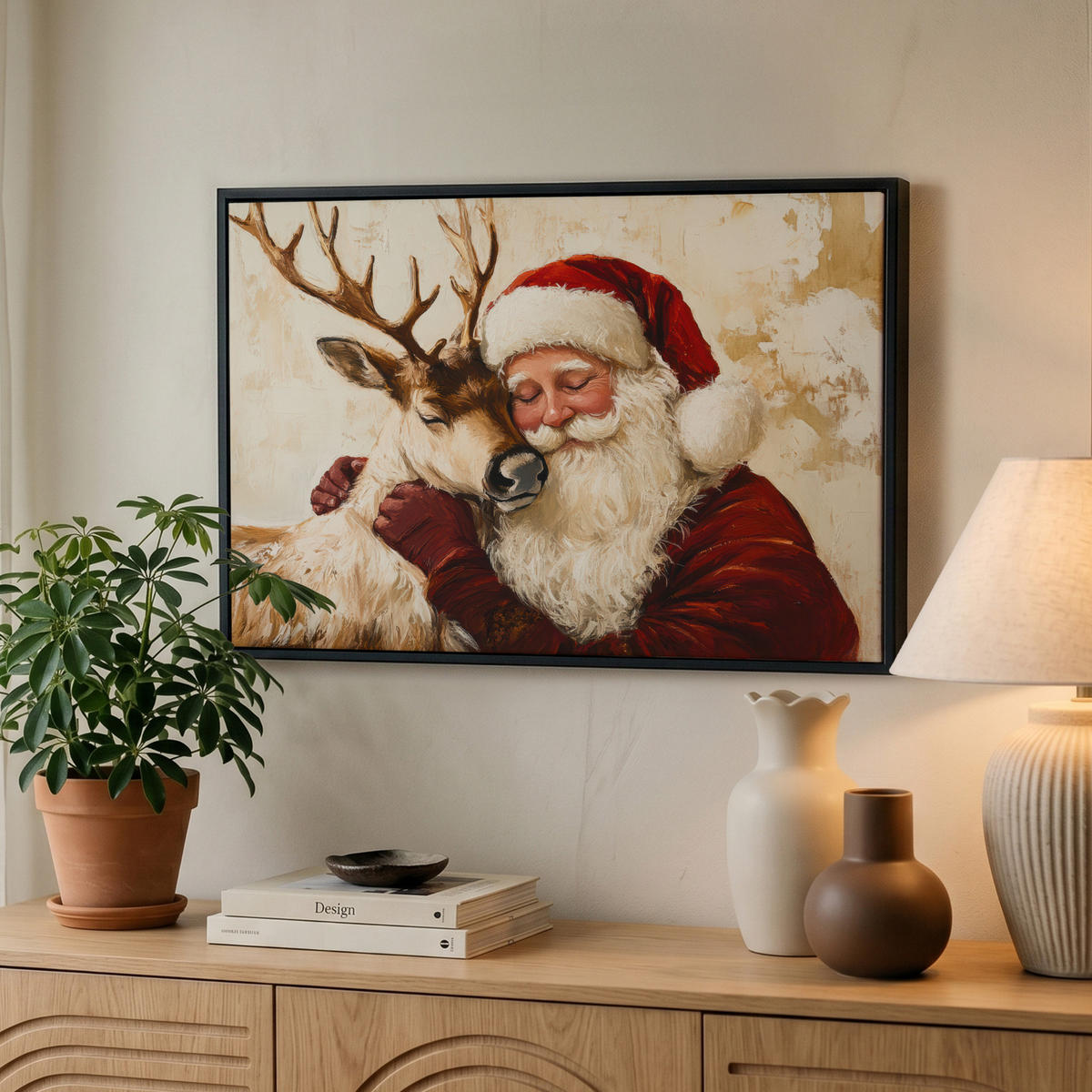 LEINWAND Bilder mit Rahmen - Weihnachtsmann - Rentier - Weihnachten - 60x40 - Rotbraun, Textil (60/40cm) - MuchoWow