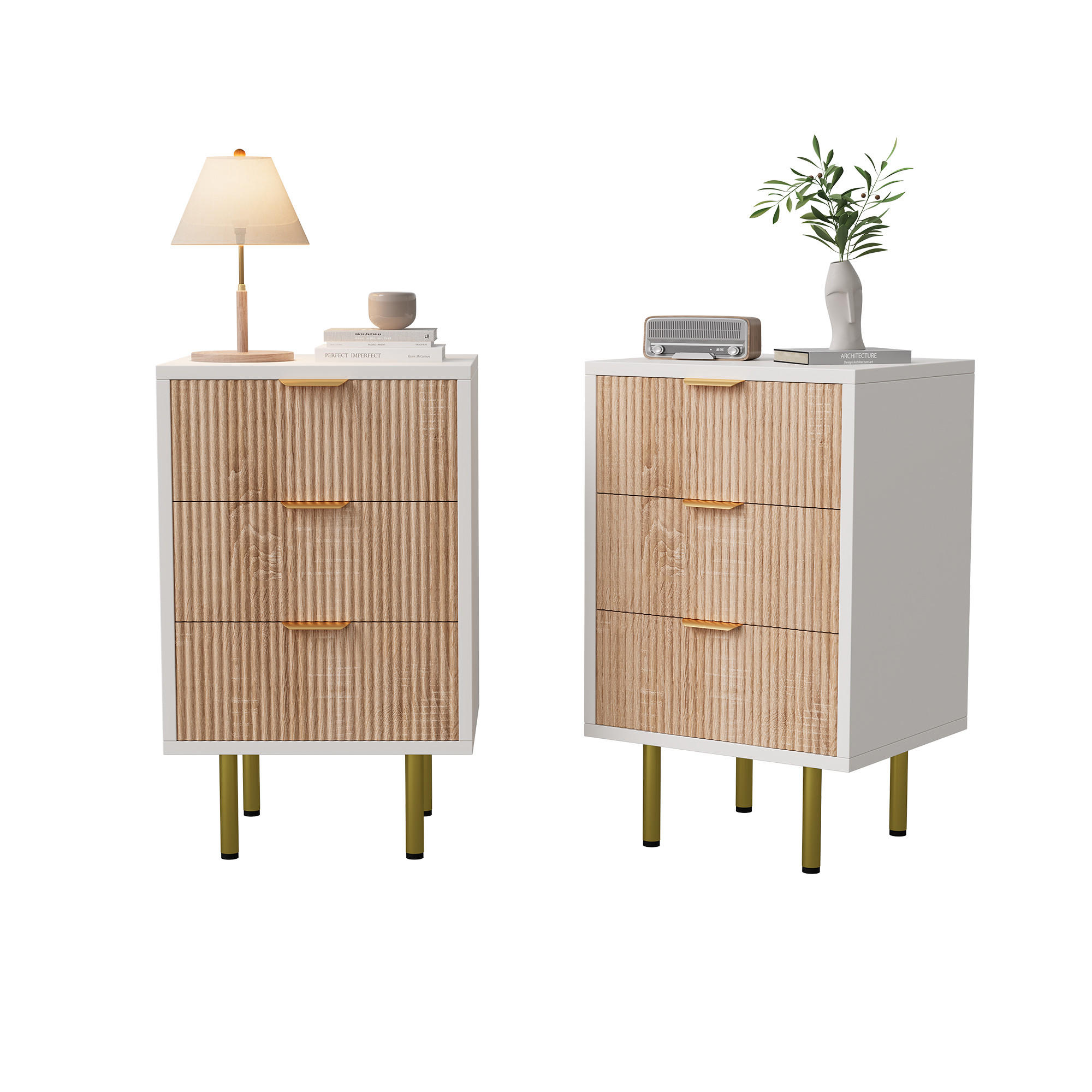 NACHTTISCH 2er Set 3 Schubladen Holz weiß Holzoptik - Weiß, Holz (40/65/40cm) - LEBENLANG