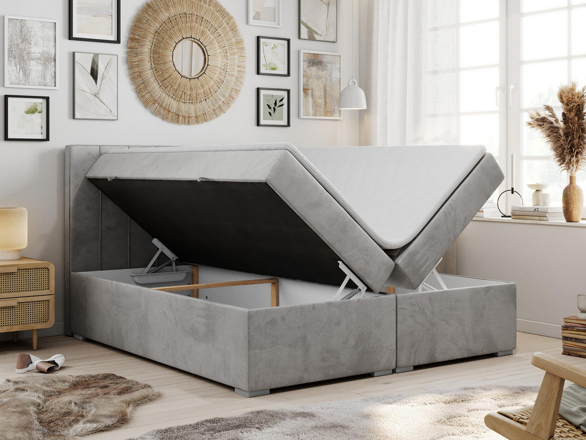 BOXBETT ALLY 180/200 Hellgrau Velvet - H3 - Hellgrau, Holz/Textil (180/200cm) - MKS