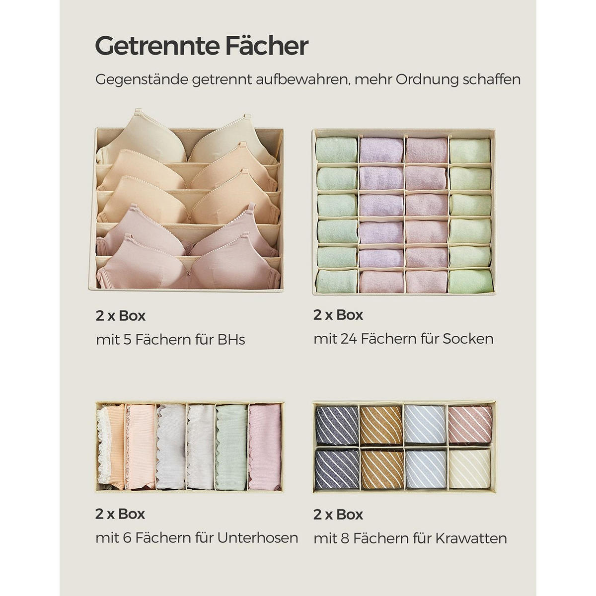 AUFBEWAHRUNGSBOXEN FÜR UNTERWÄSCHE FREETOWN 8ER-SET - Beige, Textil (32/32/10cm) - Hansiro