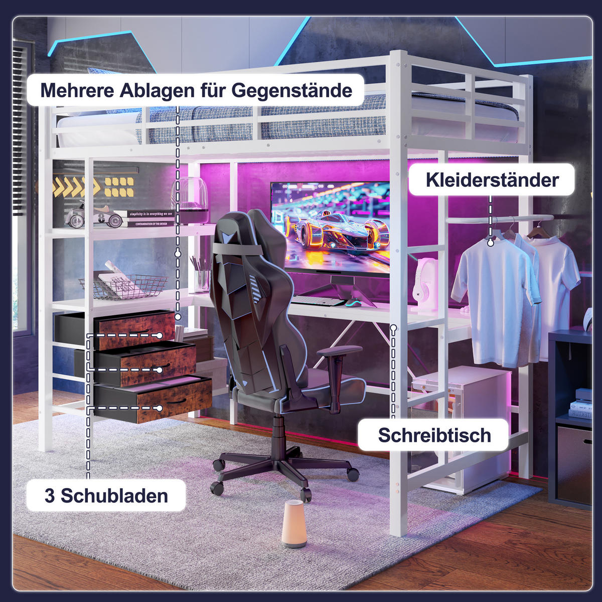 HOCHBETT 90/200 cm aus Metall mit LED-Beleuchtung, Schreibtisch, Steckdose, USB, 3 Schubladen und Regal, Weiß - Weiß, Metall (90/200cm) - Redom