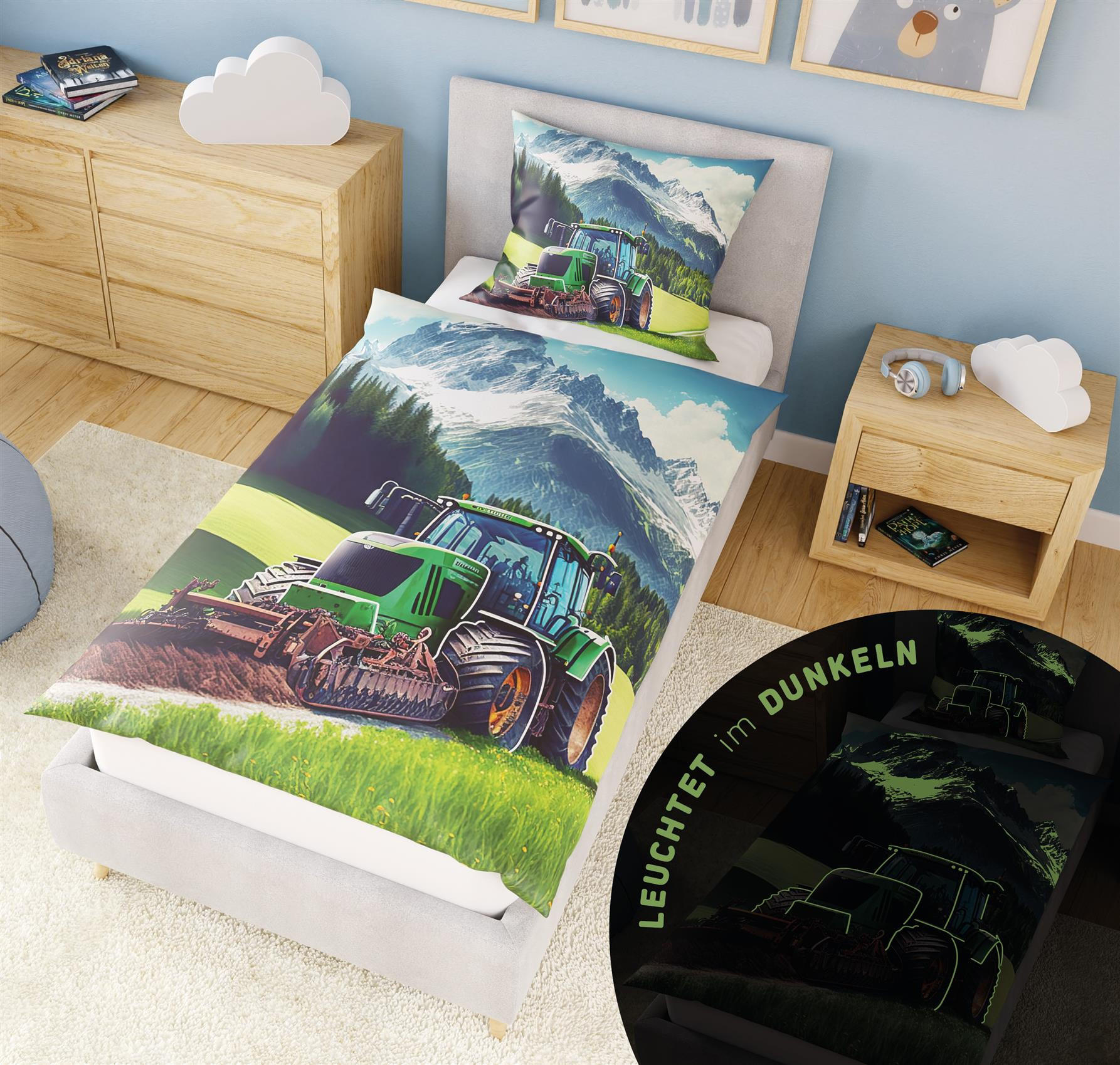 KINDERBETTWÄSCHE 135x200 cm Traktor Schlepper aus 100% Baumwolle - Leuchtet um Dunkeln - Grün, Textil (135/200cm) - Carpe Sonno