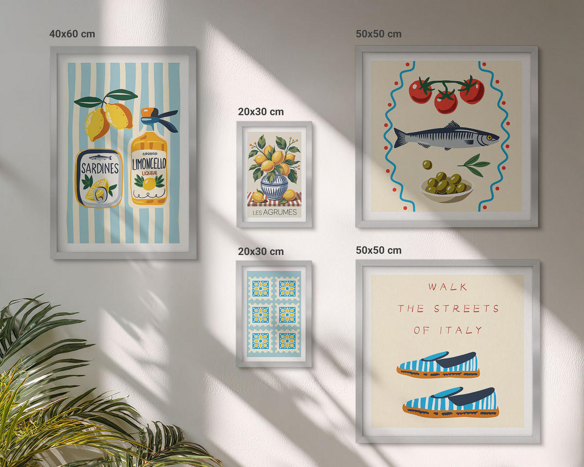 WANDBILDER 5er Set - 50x50 cm & 20x30 cm & 40x60 cm Silberner Rahmen - Italienische Aromen, farbenfrohe Bilder - Silberfarben, Kunststoff (40/60cm) - ArtPrintCave